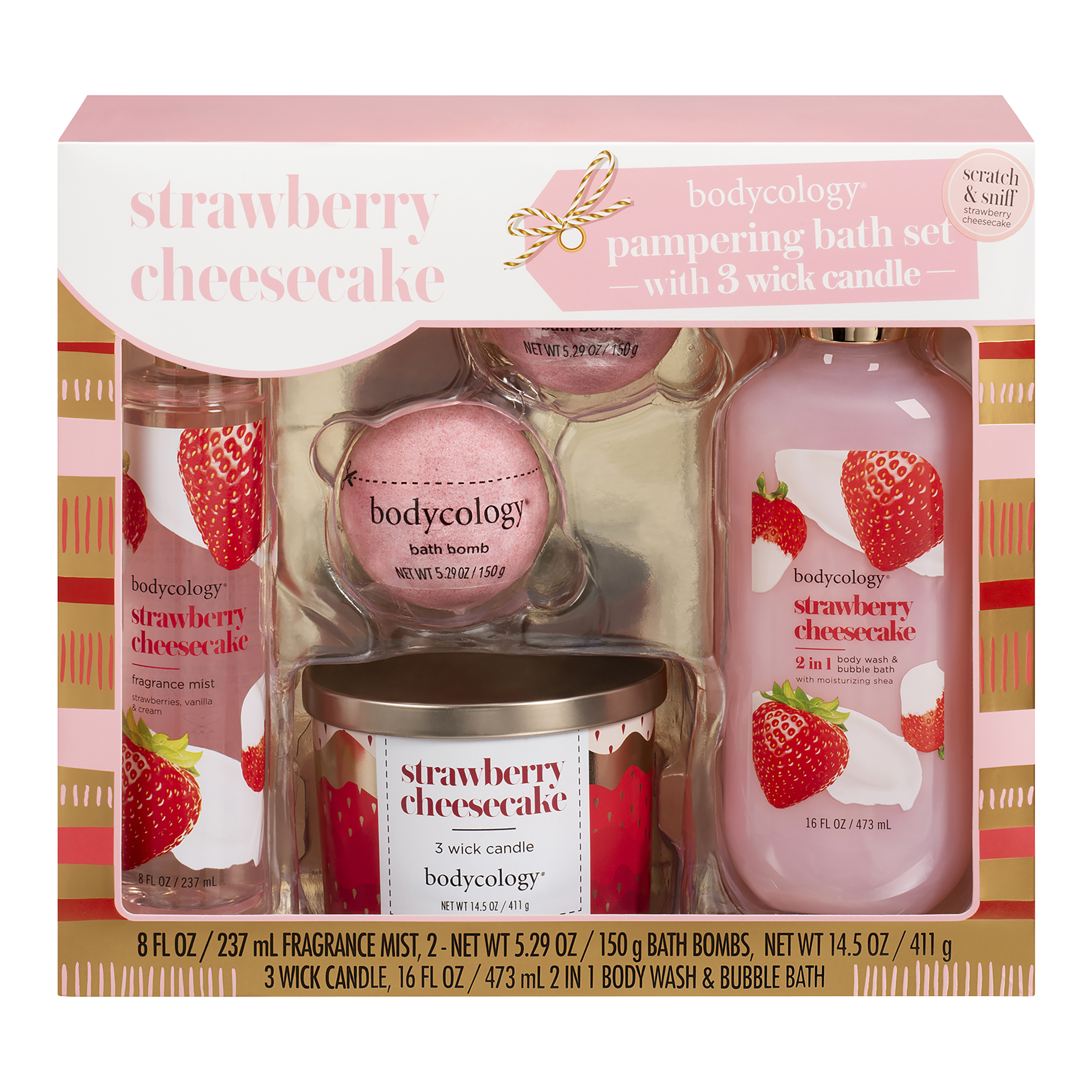 Bodycology Strawberry Cheesecake Pampering Bath Set with 3 Wick Candle Bodycology