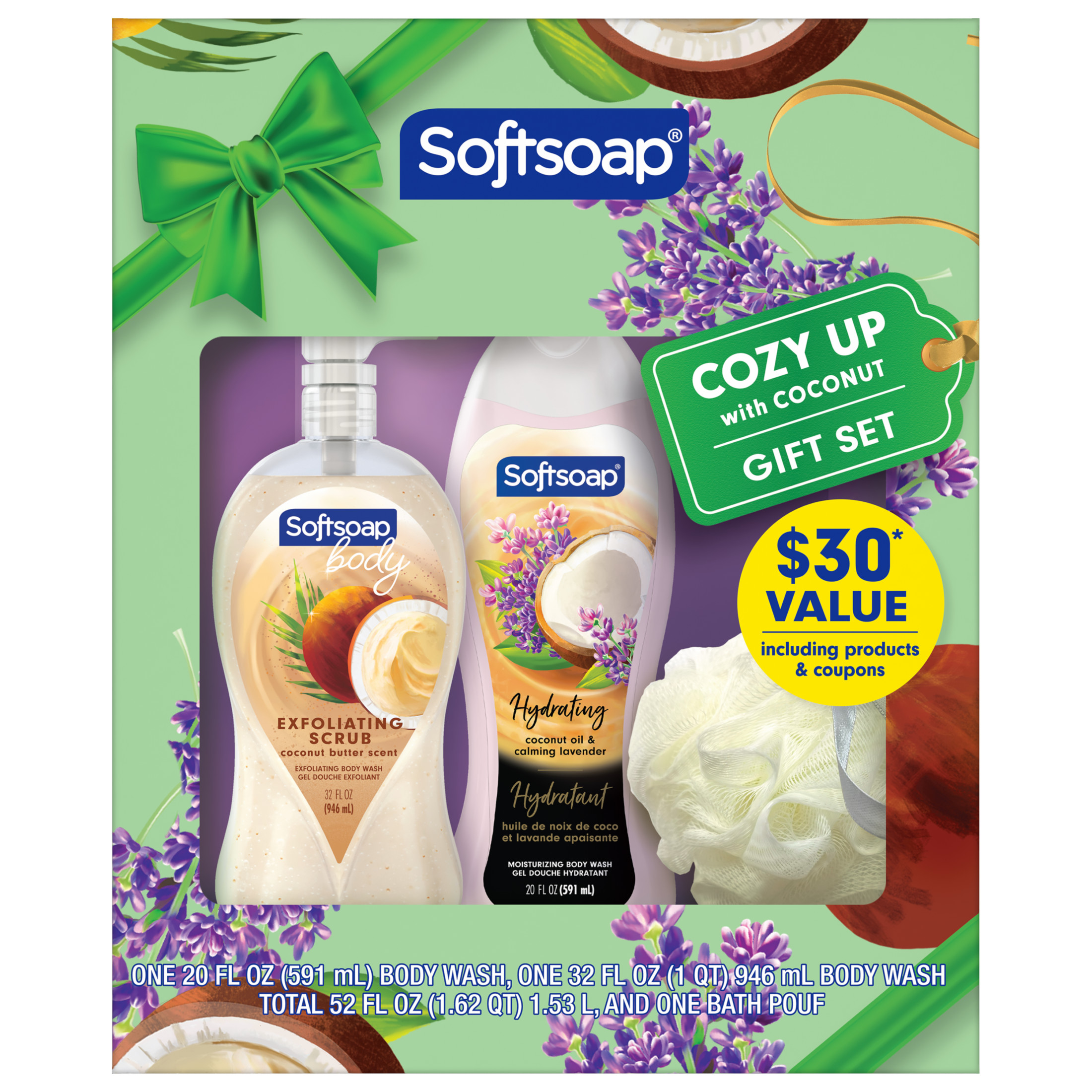 Softsoap Body Wash Gift Set, 32 oz Coconut Butter Scrub, 20 oz Coconut Oil & Calming Lavender + Pouf Softsoap