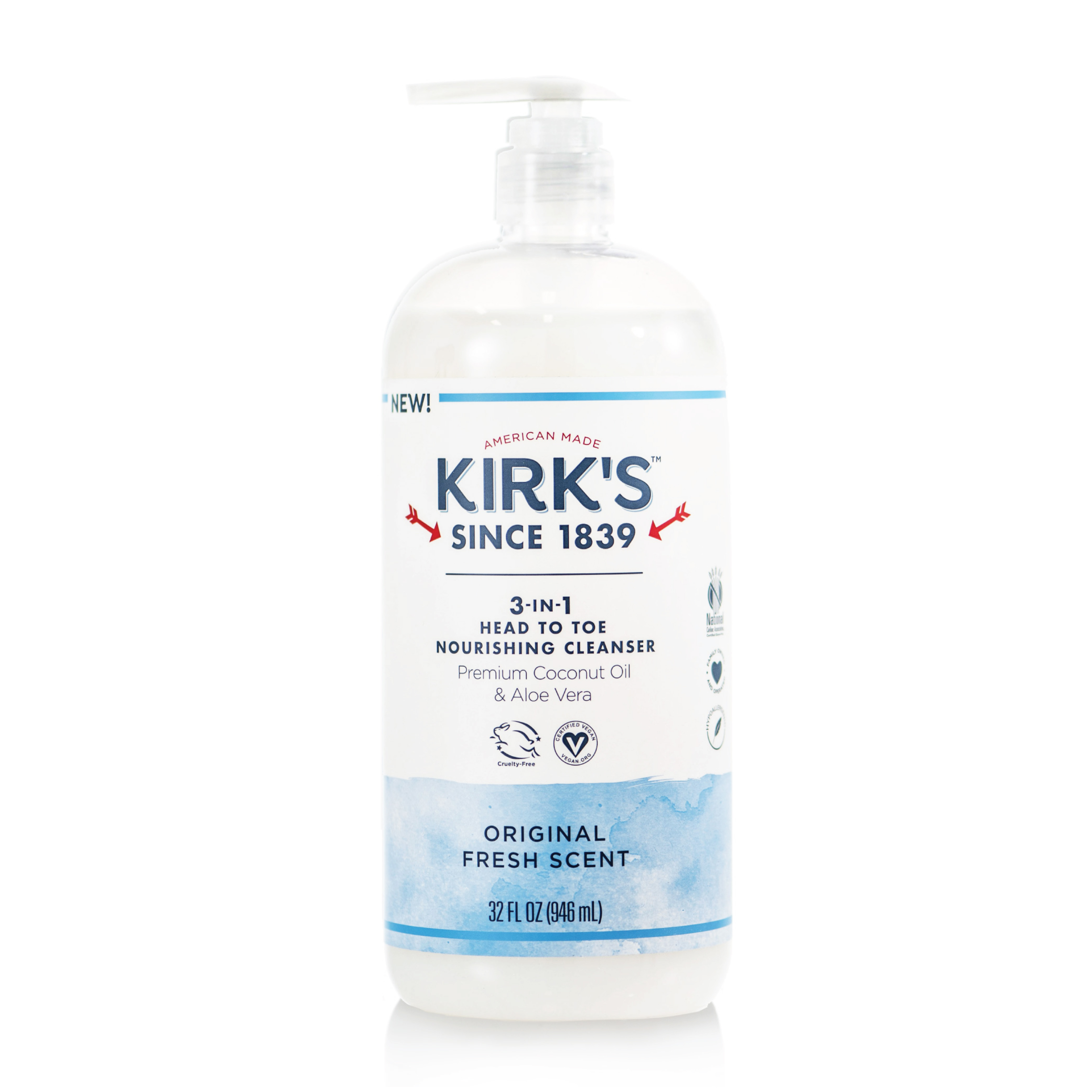 Kirk's 3in1 Liquid Soap for Hand & Body, Original Fresh Scent with Premium Coconut Oil & Aloe Vera Kirk's