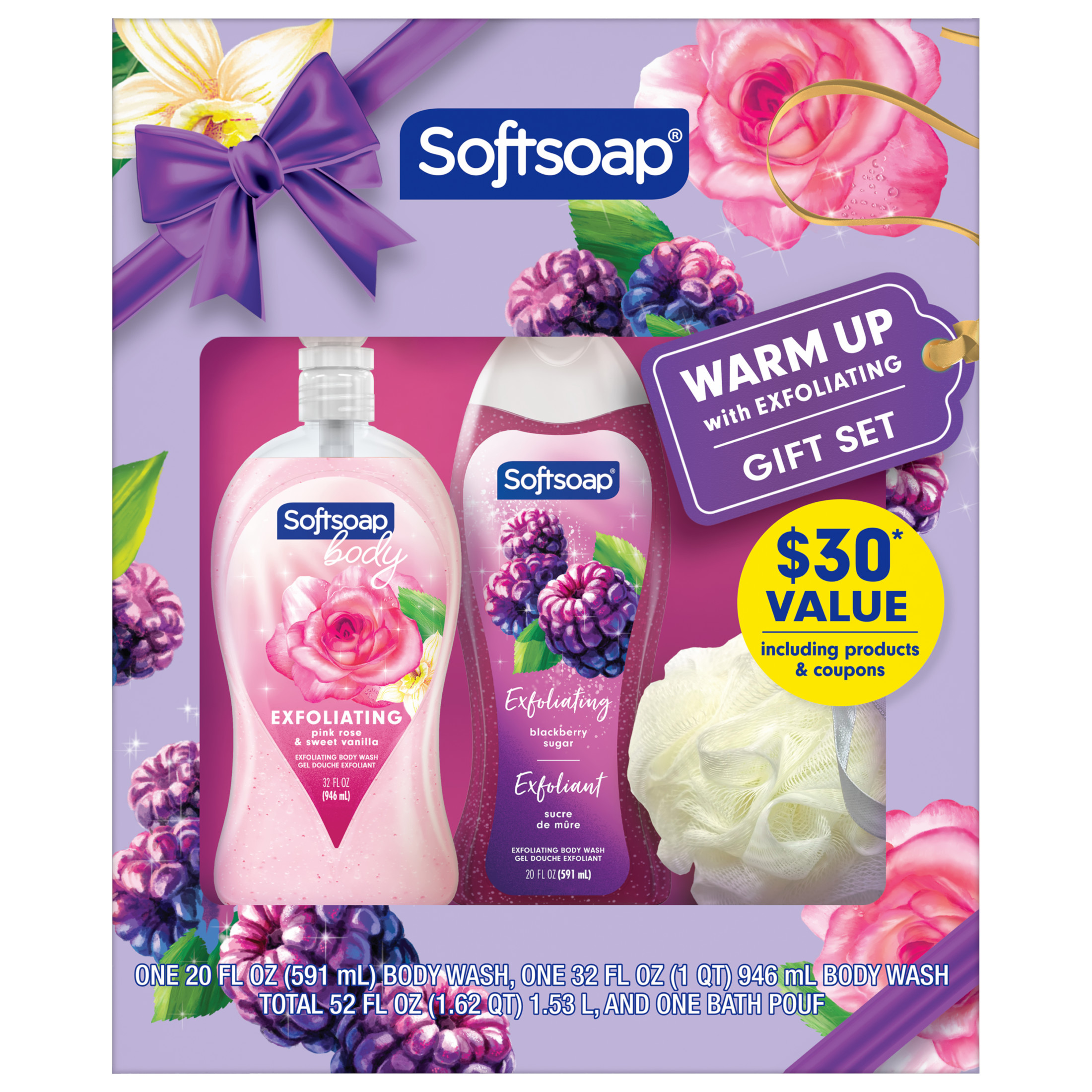 Softsoap Exfoliating Body Wash Gift Set, 32 fl oz Pink Rose & Sweet Vanilla Pump and 20 fl oz Blackberry Sugar + Pouf Softsoap