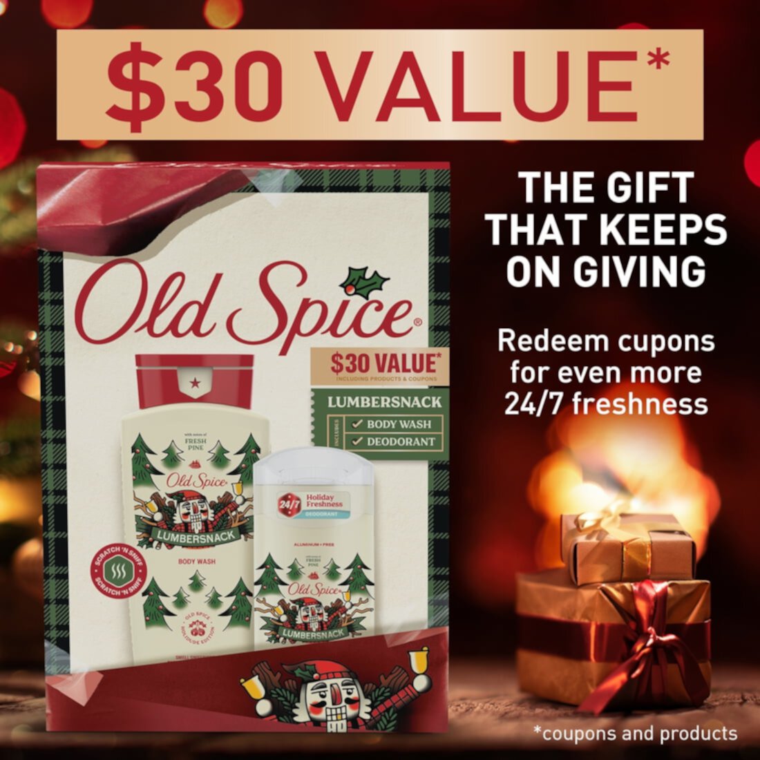 ($30 Value) Old Spice Holiday Gift Pack for Men, LumberSnack, Body Wash, Aluminum Free Deodorant, 2-Pack, Holidudes Limited Edition Old Spice