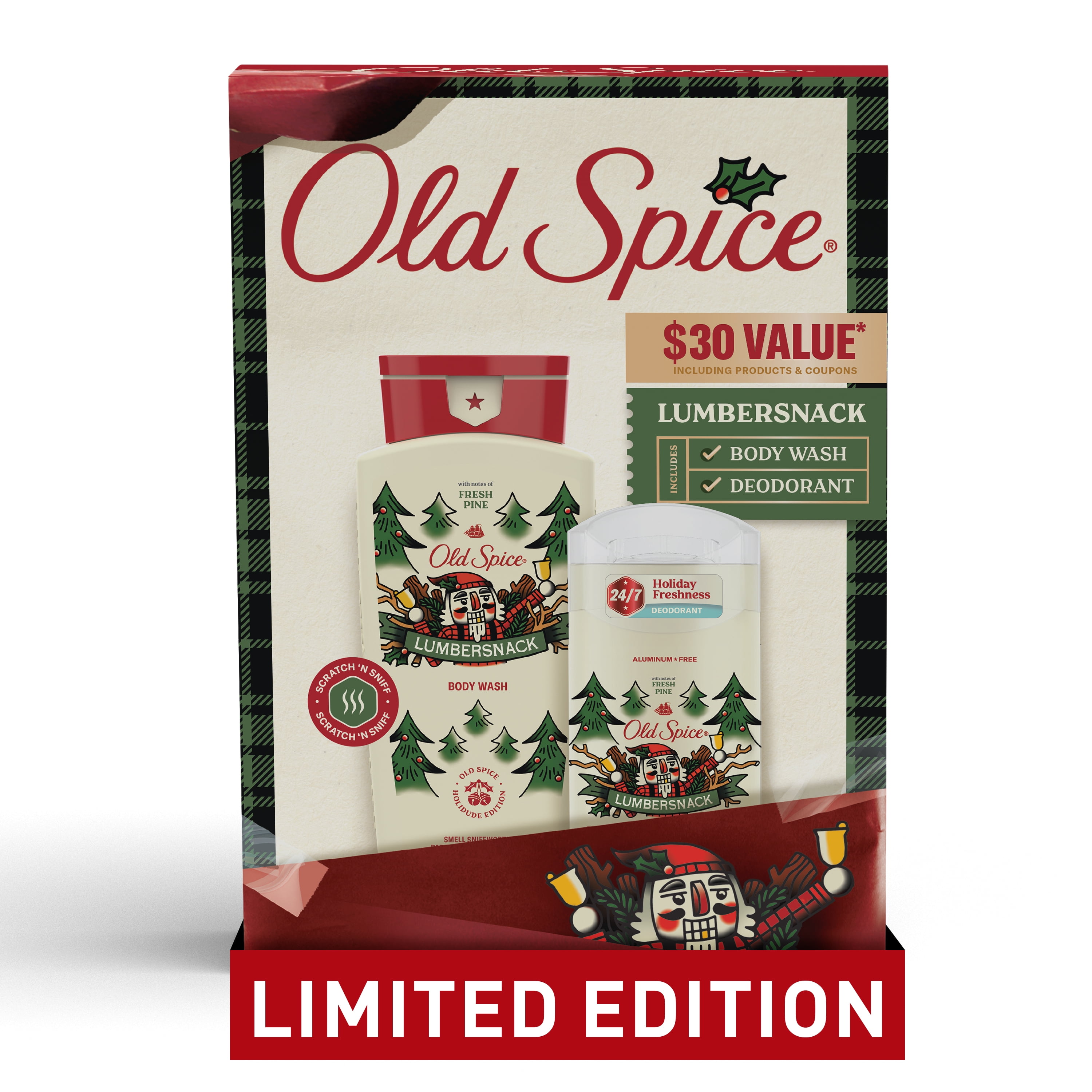 (2 pack) ($30 Value) Old Spice Holiday Gift Pack for Men, LumberSnack, Body Wash, Aluminum Free Deodorant, 2-Pack, Holidudes Limited Edition Old Spice