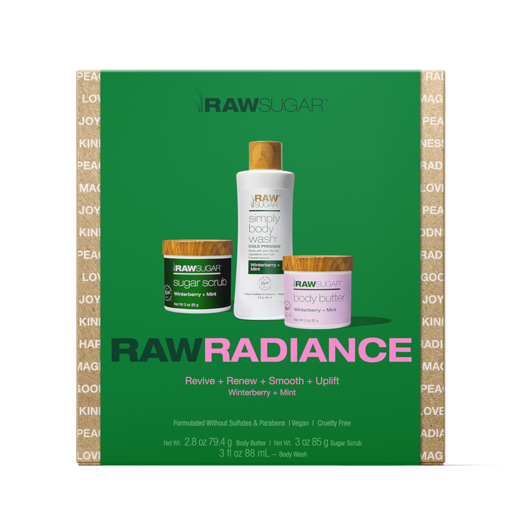 Raw Sugar Raw Radiance Holiday Gift Set, Includes Sugar Scrub, Body Wash, & Body Butter, 3 Piece RAW SUGAR