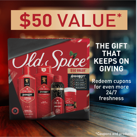 ($50 Value) Old Spice Holiday Gift Pack for Men,  Body Wash, Aluminum Free Deodorant, Body Spray & 2 in 1 Shampoo, Swagger Scent Old Spice