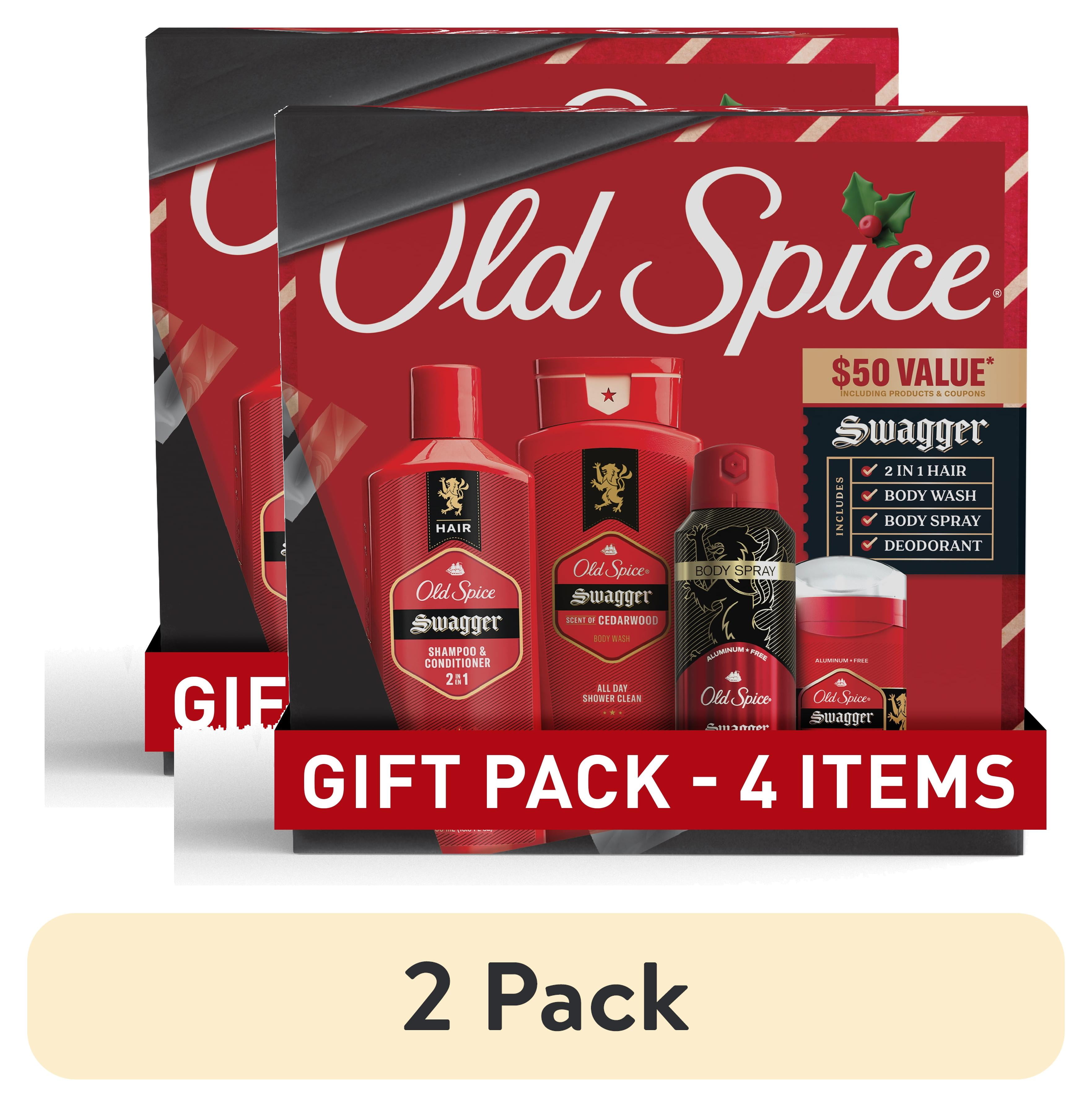 (2 pack) ($50 Value) Old Spice Holiday Gift Pack for Men,  Body Wash, Aluminum Free Deodorant, Body Spray & 2 in 1 Shampoo, Swagger Scent Old Spice