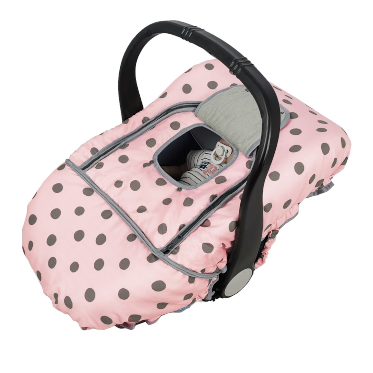 Car seat Cover for baby, Baby carseat Cover canopy, door open with flap cover, Thick Padded, perfect for winter, Pink dots; DODO NICI