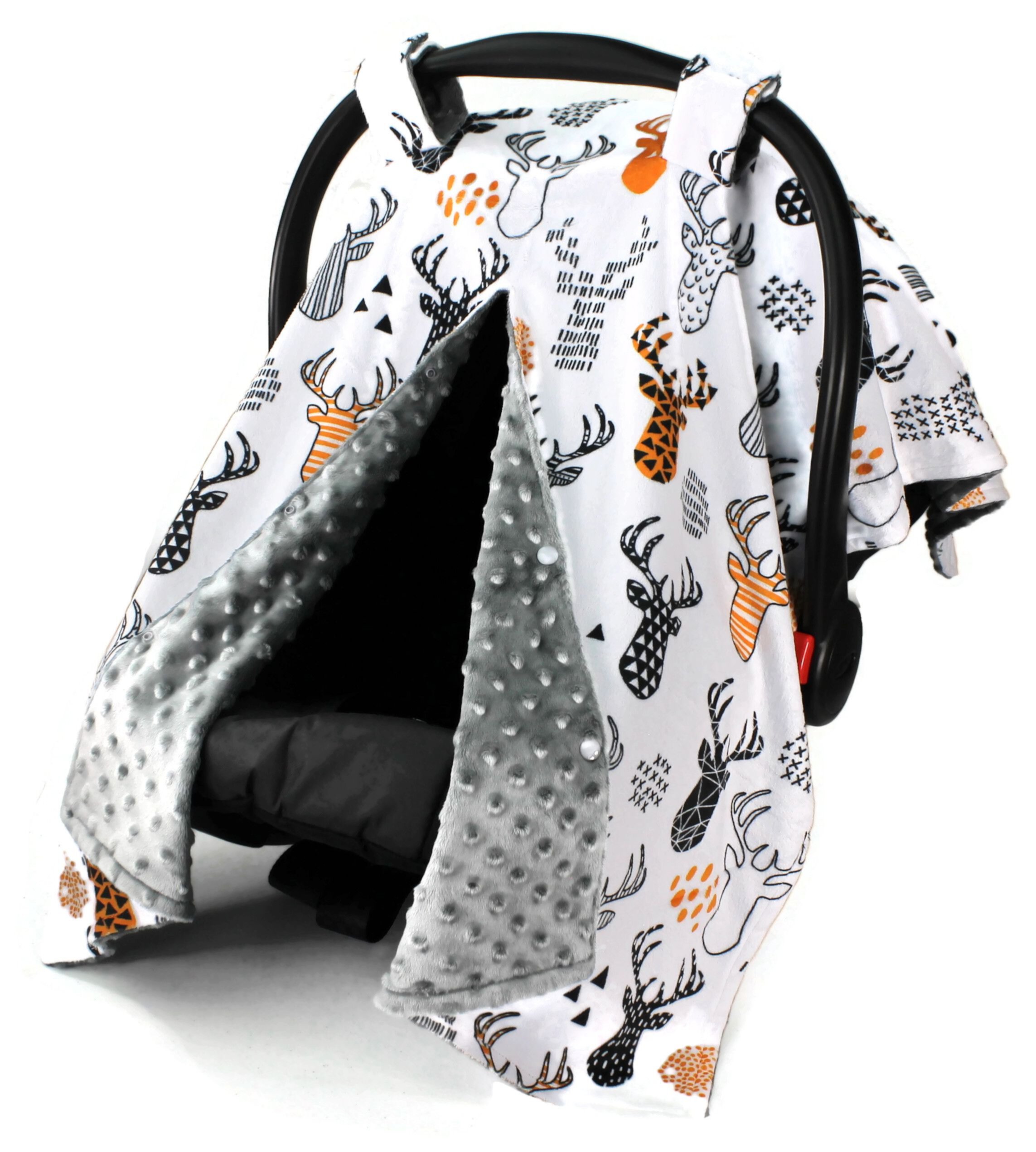 Top Tots Deluxe Minky Car Seat Canopy for Baby Boy or Girl, Orange Deer Head Top Tots