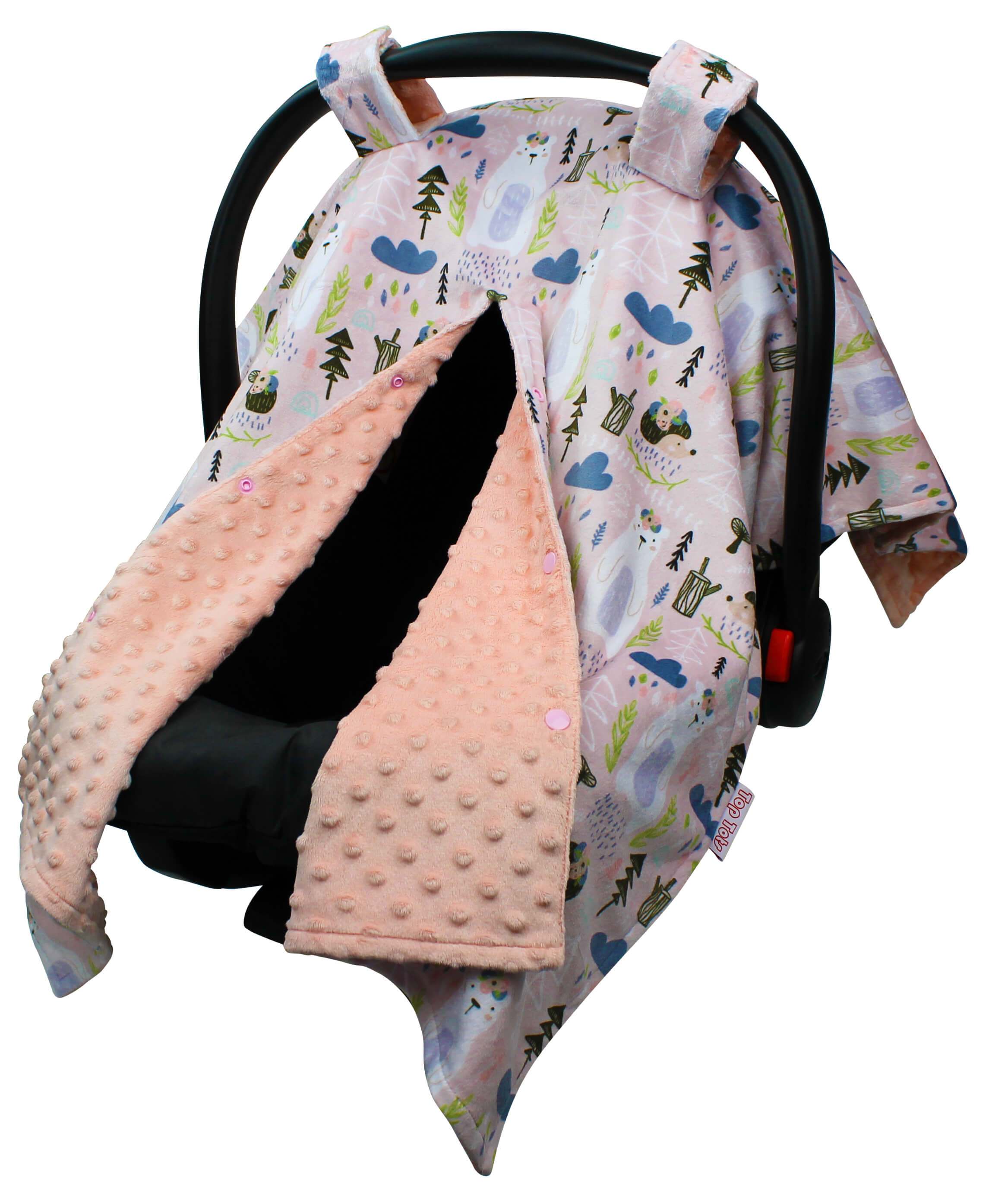 Top Tots Deluxe Minky Car Seat Canopy for Baby Boy or Girl, White Bear on Pink Top Tots