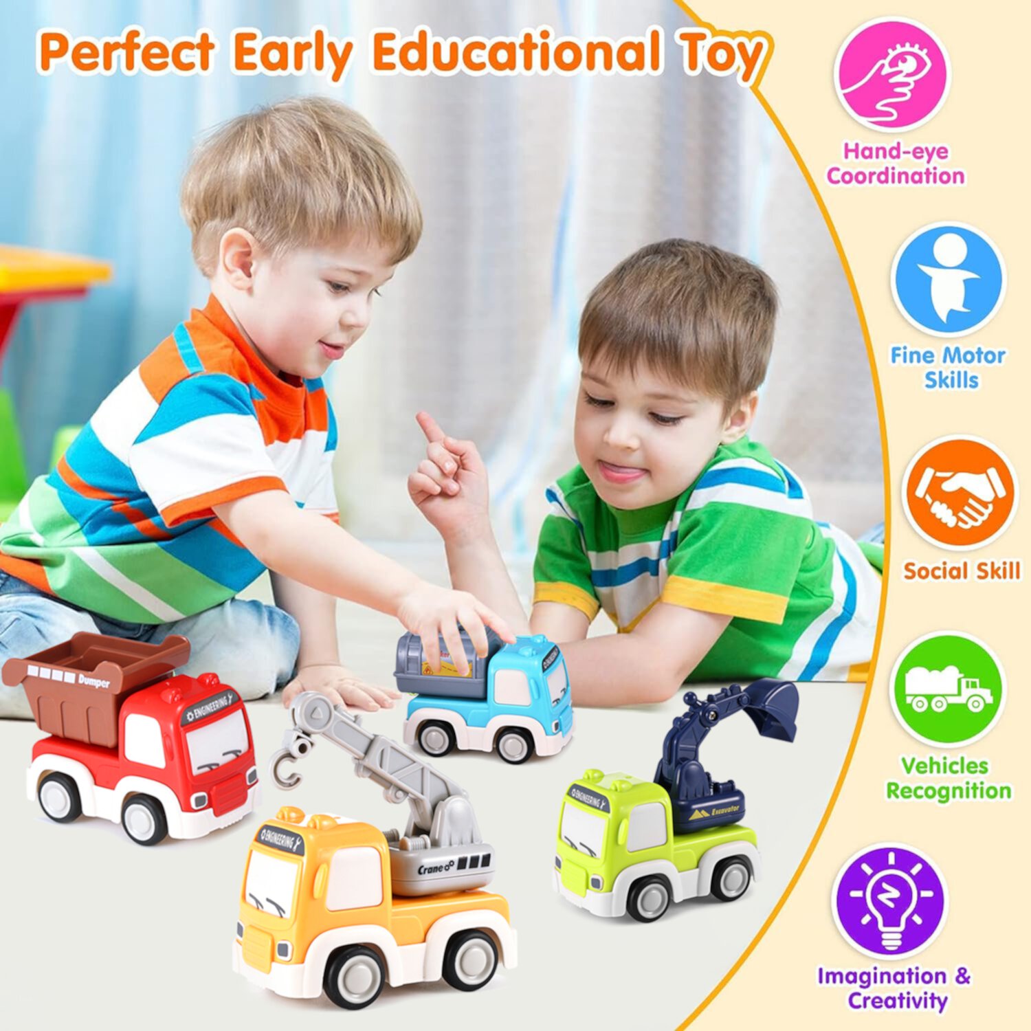 Anpro Friction Powered Cars Push and Go Toys Car Construction Truck Vehicles Play Toys Set for Boys Girls Baby Toddlers Kids Gift, 4 Pack Anpro