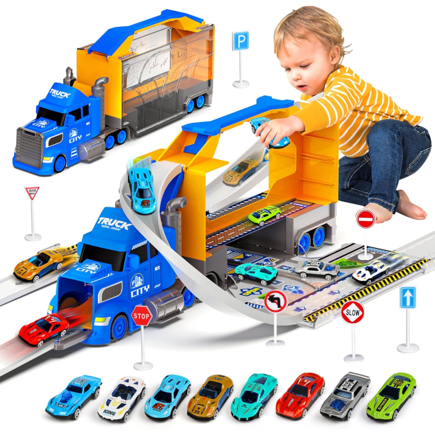 Huge Wave Carrier Truck Race Track Toys for Kids, 2 in1 Transport Trucks Set W/Track & 8 Race Cars, Racing Toys for 3-8 Years Old Boys Kids Toddler Car Set Gifts for Boys and Girls(Blue) Huge Wave