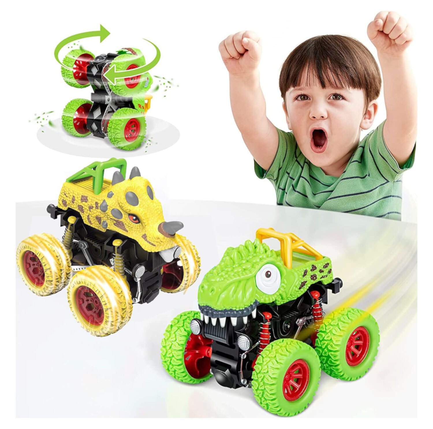 Ficcug 2 Pack Friction Powered Car Toys,Dinosaur Monster Pull Back Trucks for Kids,Stunt 360Â°Spin Off-Road Vehicle,Toddler Inertia Car Toy for 3 4 5 6+ Year Old Boys Girls Ficcug