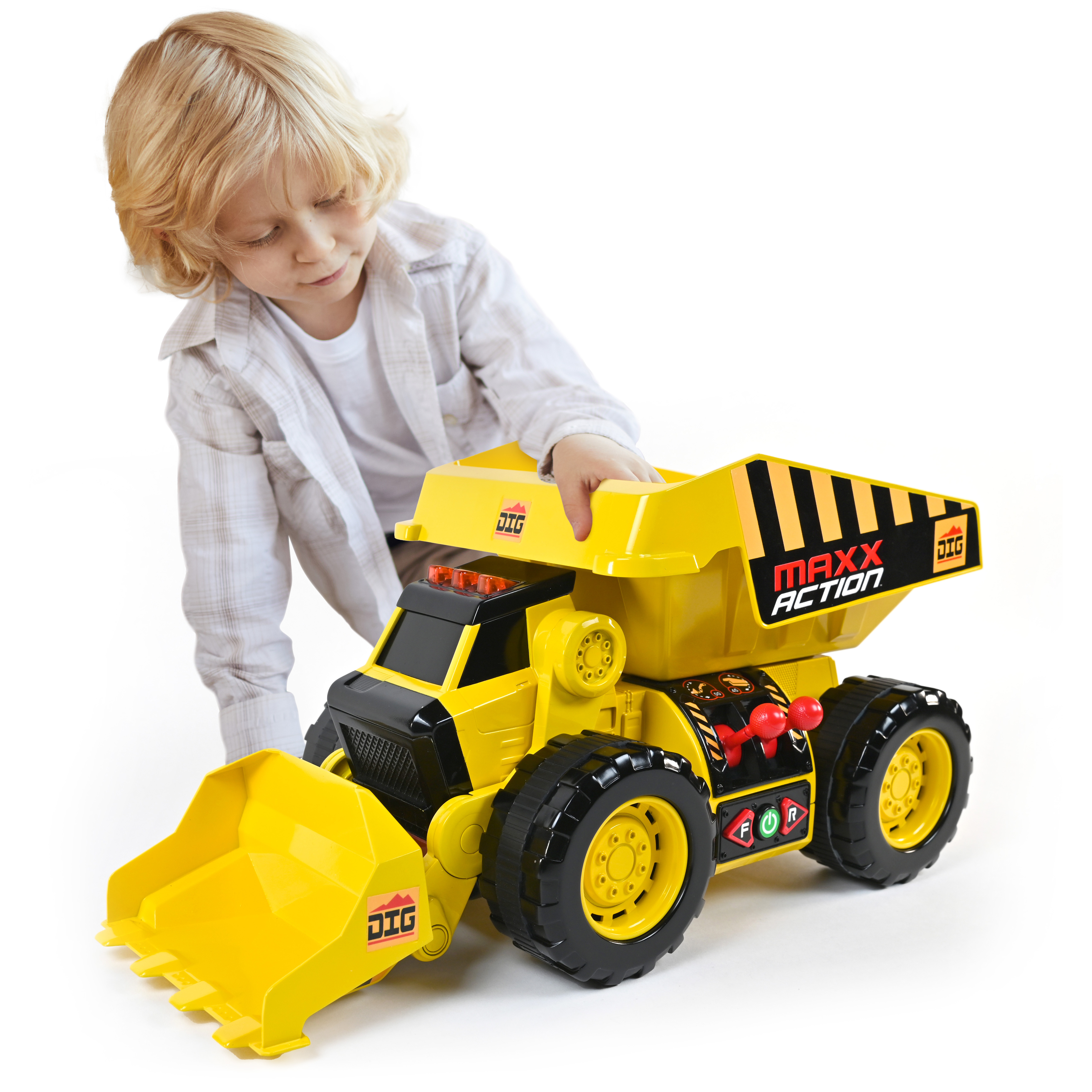 Maxx Action 2-N-1 Dig Rig, Large Dump Truck and Front-End Loader Play Vehicle, Children 3+ Maxx Action