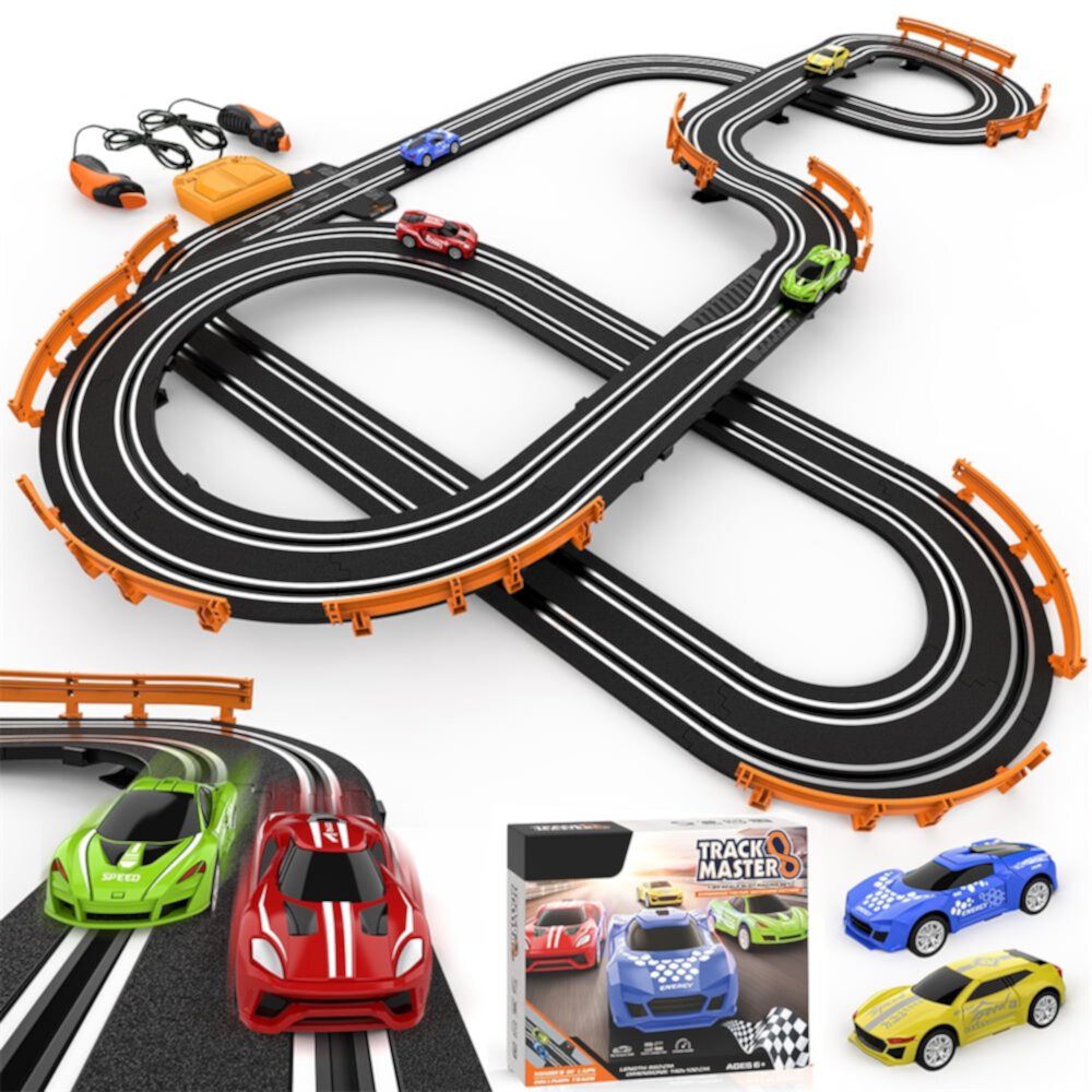 Growsly Electric Cars Race Track Set with 4 High-Speed Slot Cars Dual Racing Game Lap Counter Circular Overpass Track for 4-12 Years Old Kids Growsly