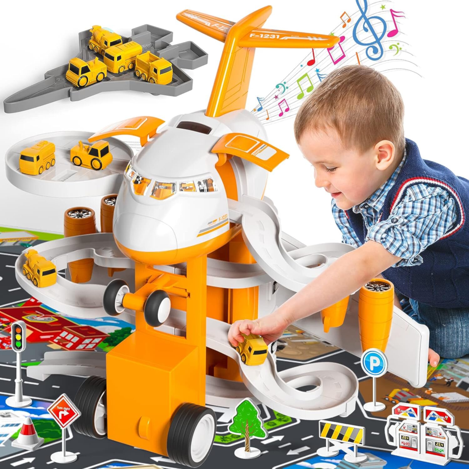 Kids Transport Airplane Toys for Boy Ages 3-6, Race Track Car Toys for Age 5 6 7 8 Toddler,  Adventure Car Toys with Playmat, Toy Airplane for Birthday Christmas Style-Carry