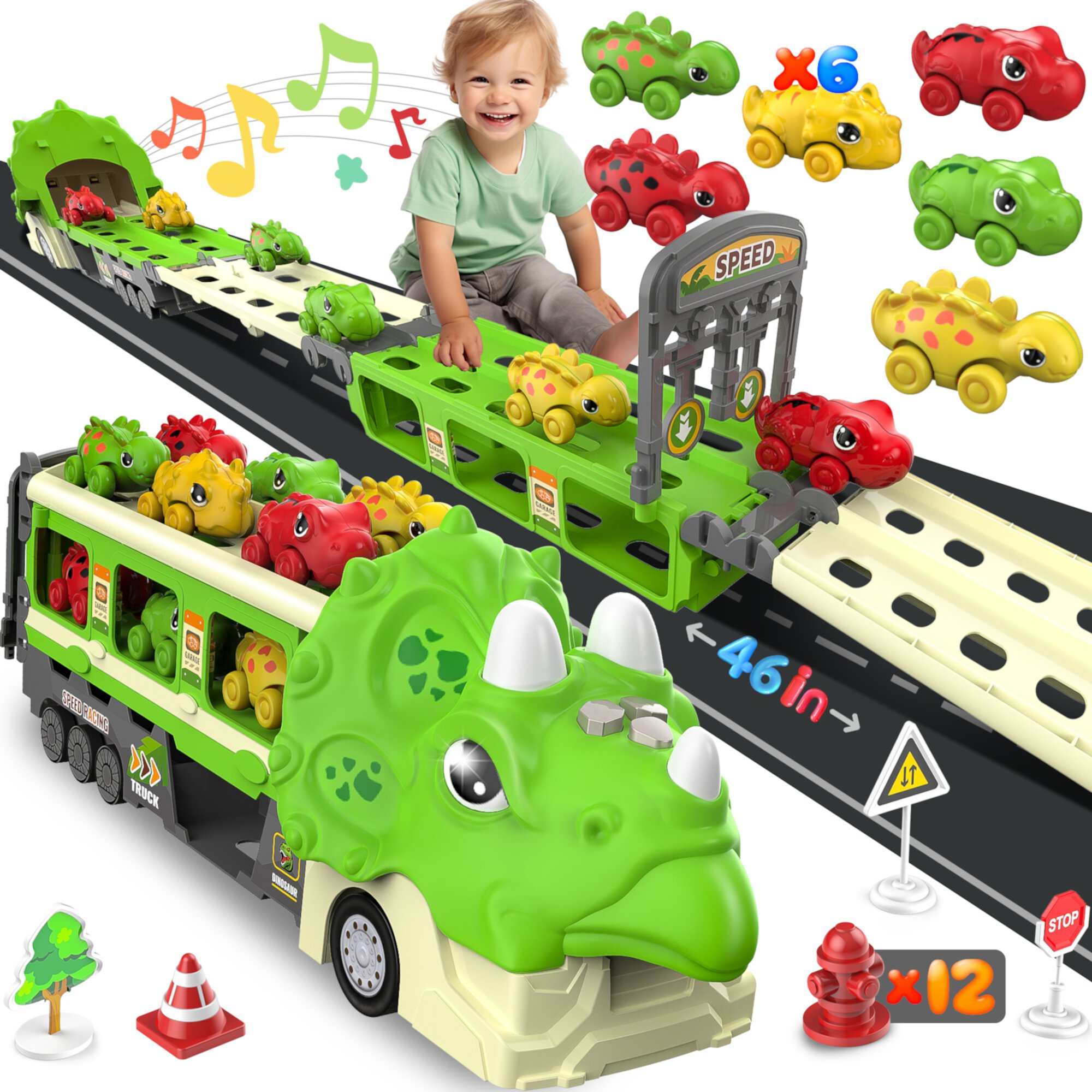 Beefunni 46 inch Dinosaur Cars Toys Transport Car Carrier Truck with 6pcs Dinosaur Cars, Race Track Playset w/ Lights Sounds, Construction Truck Toys Christmas Gift for Toddlers Boys 3-5 5-7 Years Old Beefunni