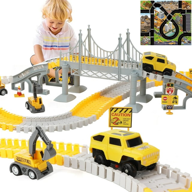 Anpro 180PCS Construction Toys Race Track Set for Kids, DIY Flexible Track Playset with Engineering Cars and Playmat, Create a Engineering Road Games Gift Toys for Age 3+ Boys Anpro