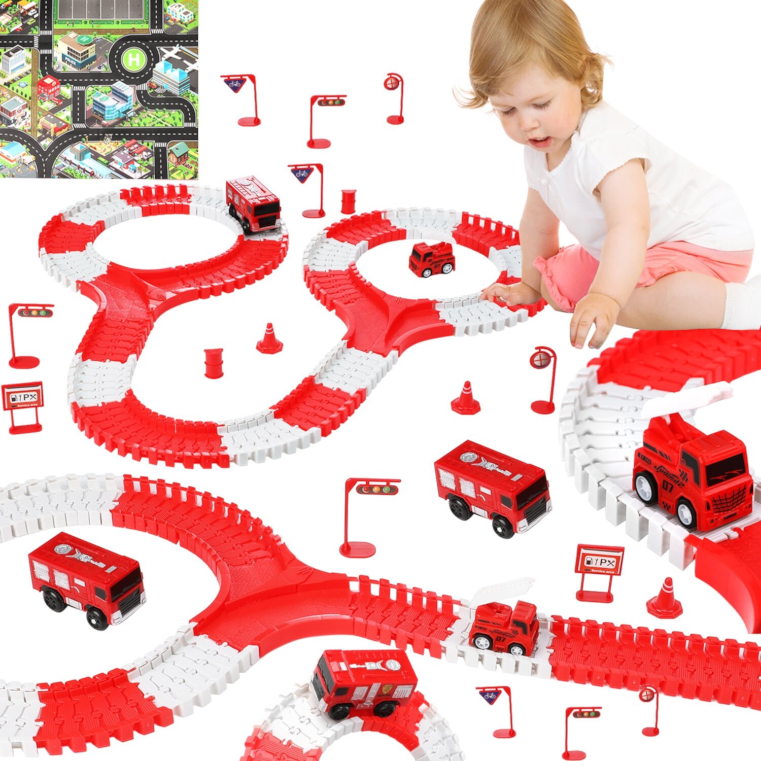 Anpro 152PCS Race Car Track Set for Kids, Flexible Track Playset with 2 Fire Rescue Car for Age 3+ Boys Girls Anpro