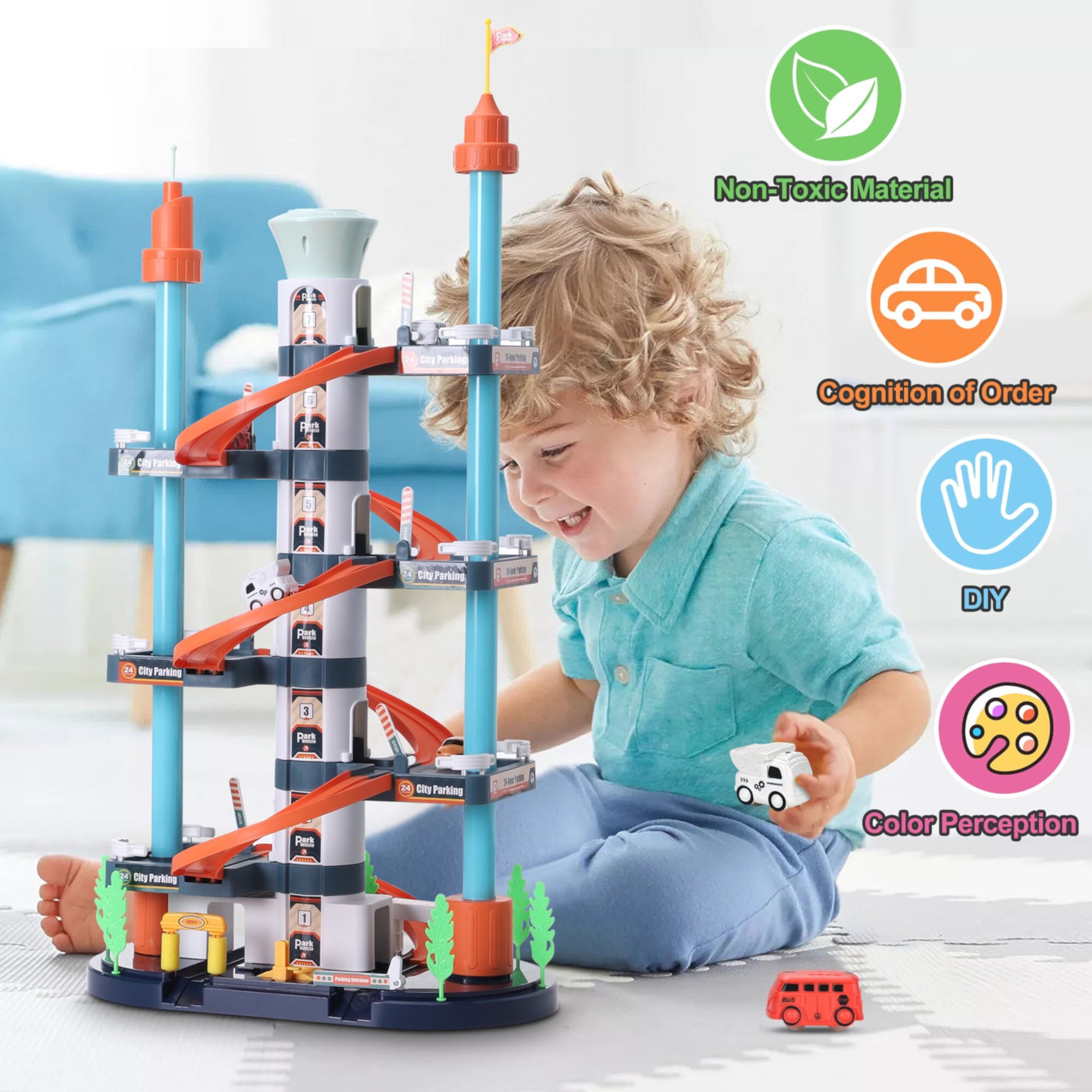 Wisairt Garage Playset Race Car Track Set,7 Floors Parking Lot Toys with 5 Toy Cars,Preschool Educational Toys for Toddler Kids Gifts Aged 3+ Wisairt