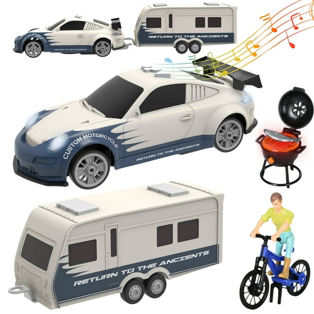 Wisairt Transport Toys Car with RV Camper Trailer Vehicle Playset,Toys with Sounds and Light for Aged 3+ Kids Toddlers Birthday Party Gifts(Beige) Wisairt