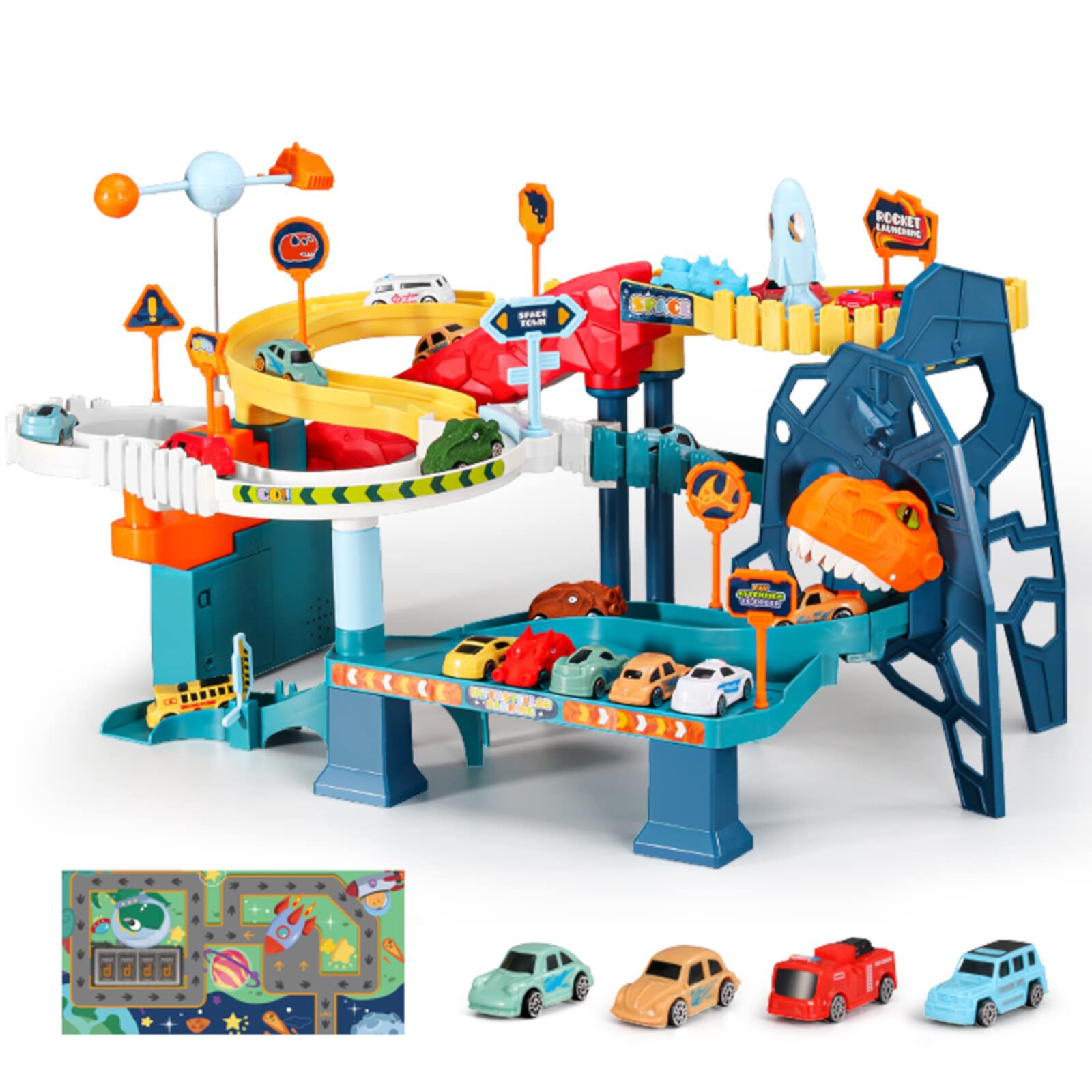 Dinosaur Rail Car Toys for Boys Monster Trucks Race Track Playset, Winding Highway Space Dinosaur Hill Toy Ramp Track Set, Lifting Parking Lot with 4 Mini Racer Cars Gifts for 3-9 Year Old Kids Girls Ccdes