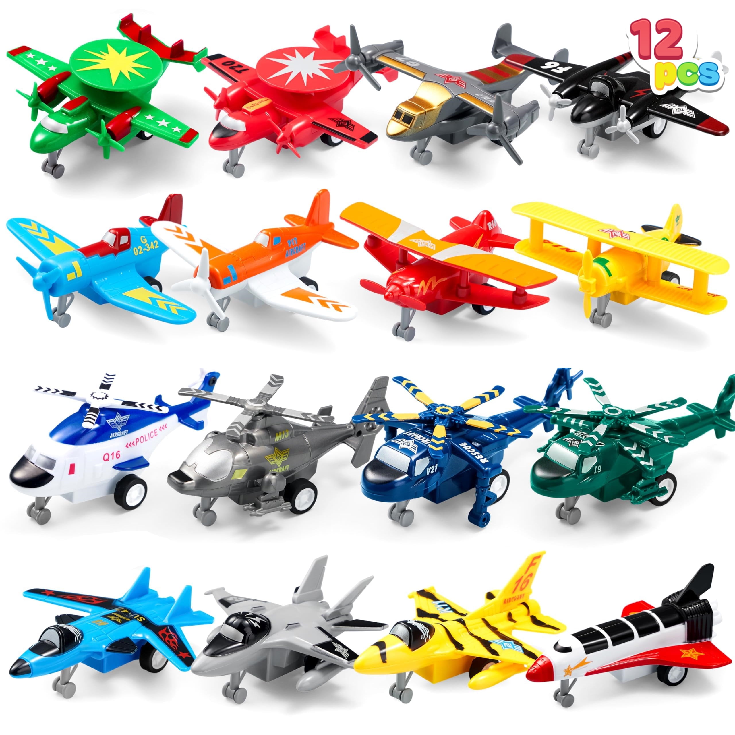 SYNCFUN 16 Pcs Airplane Toys for Toddlers 1-3, Mini Car Party Favors, Pull Back Plane Playset Including Helicopter, Fighter Jet, Bomber, Biplane, Gifts for Kids SYNCFUN