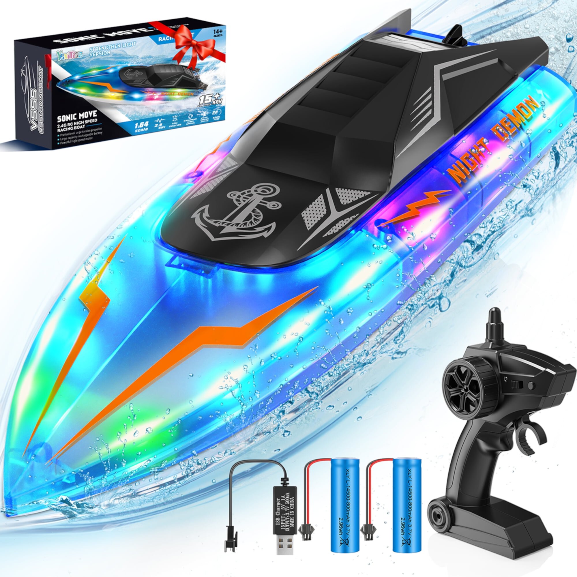 Yexmas 2.4 GHz Remote Control Boat for Pool and Lakes, 15+MPH Fast RC Boat, RC Toy Boats for Adults and Kids, Blue Yexmas