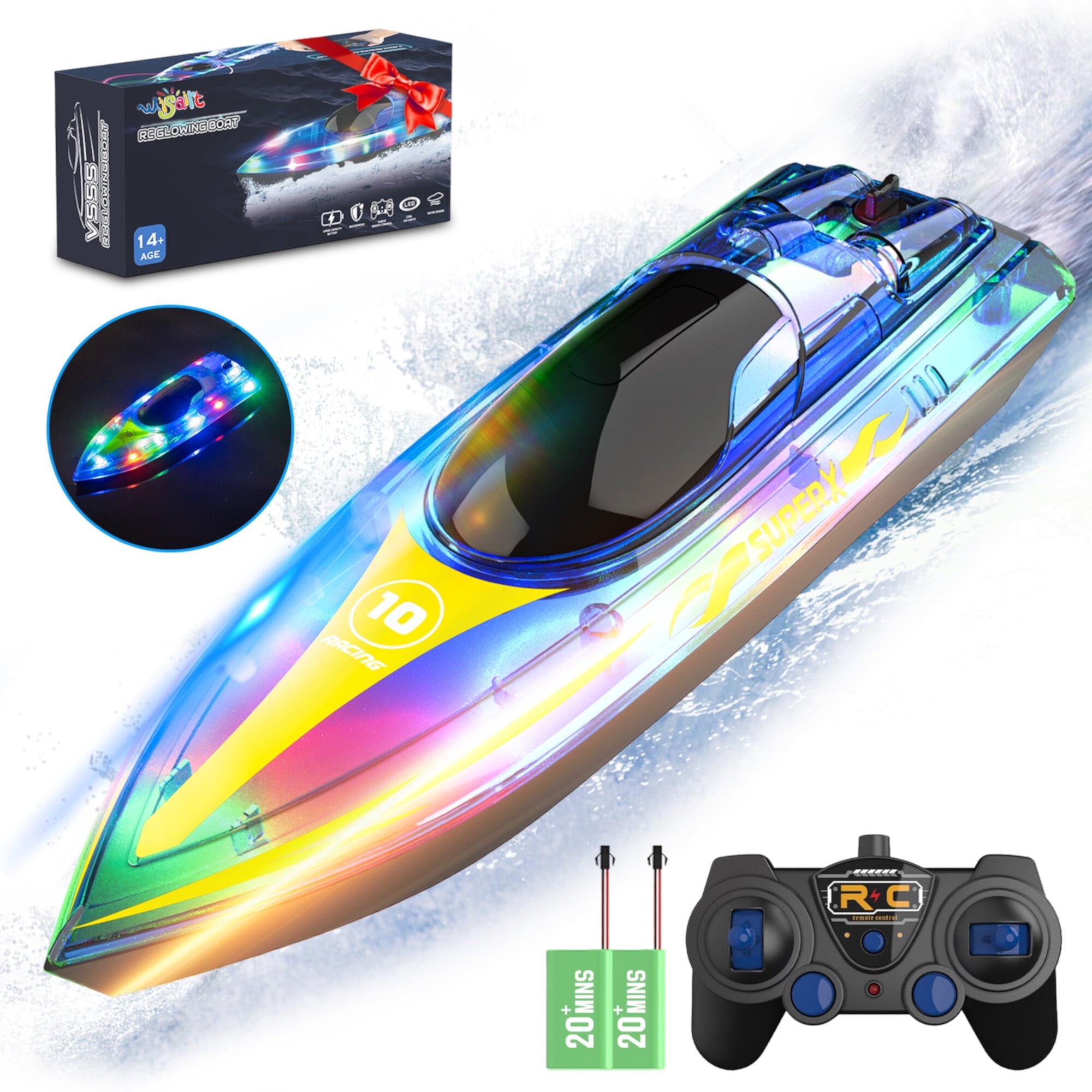 Wisairt RC Boat, 15Km/h Remote Control Boat with LED Lights for Pools and Lakes, 2.4Ghz High Speed RC Boat with 2 Rechargeable Batteries, Summer Water Boat Toys Age 10+ (Green) Wisairt