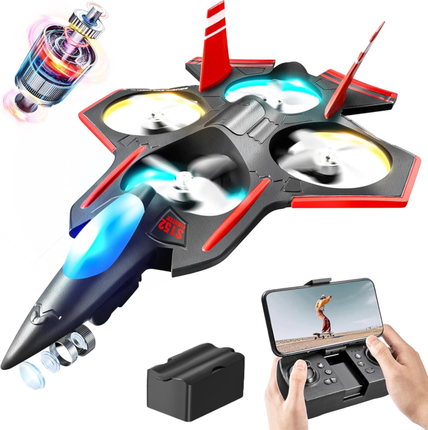 YCFUN HD Camera Brushless RC Airplane Drones for Adults Kids, Remote Control Jet Fighter with Lights YCFUN