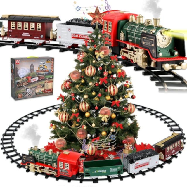 Super Joy Christmas Rechargeable Electric Train Set with Steam, Sound & Light, RC Train Toys with Locomotive Engine, Cargo Cars & Tracks, Toy Train Birthday Gift for Kids Boys Girls Super Joy