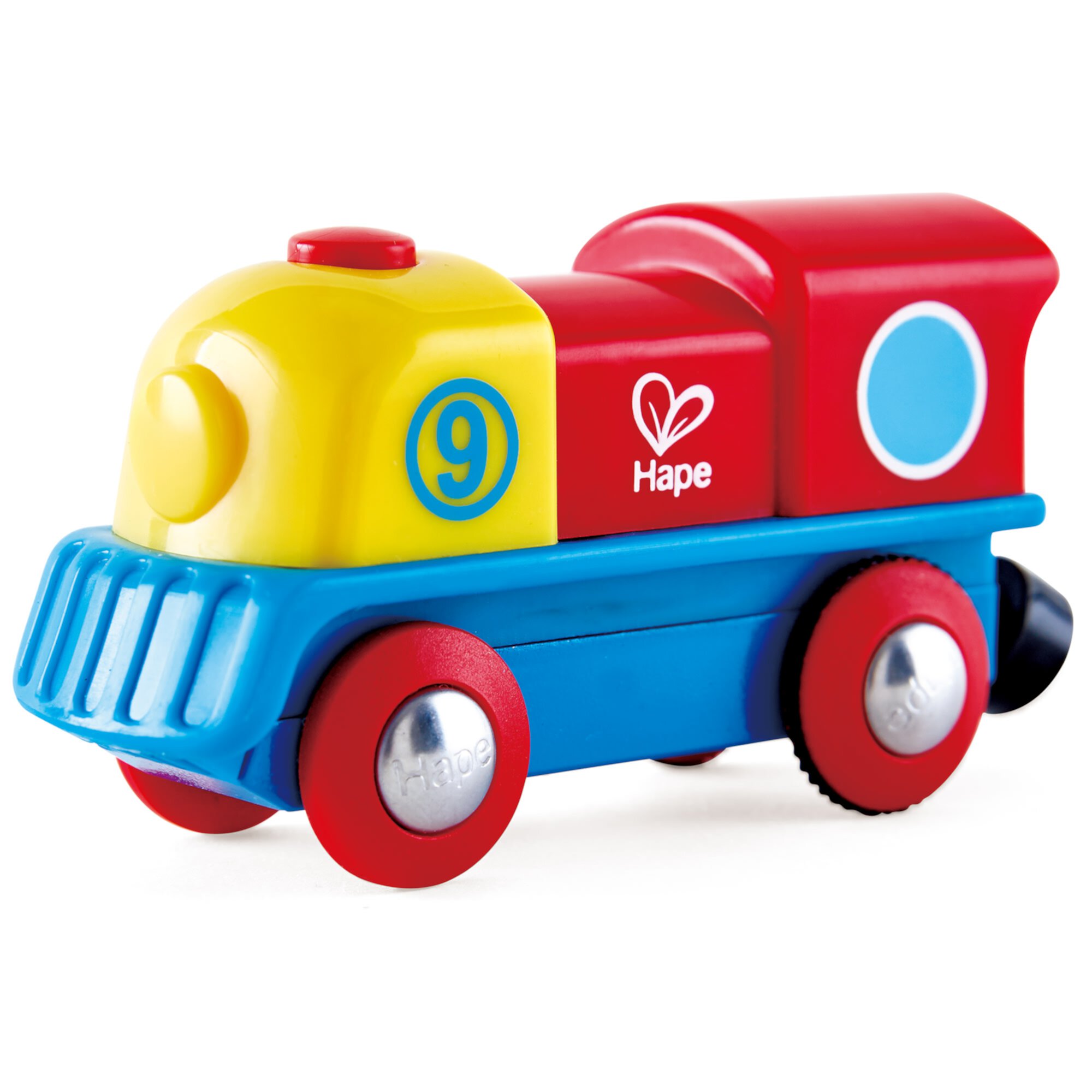 Hape: Brave Little Engine - Red-Yellow-Blue - Train Locomotive, Wooden Toy, Magnetic Linking Capability, Battery-Operated, Toddlers & Kids 18 Months+ Hape