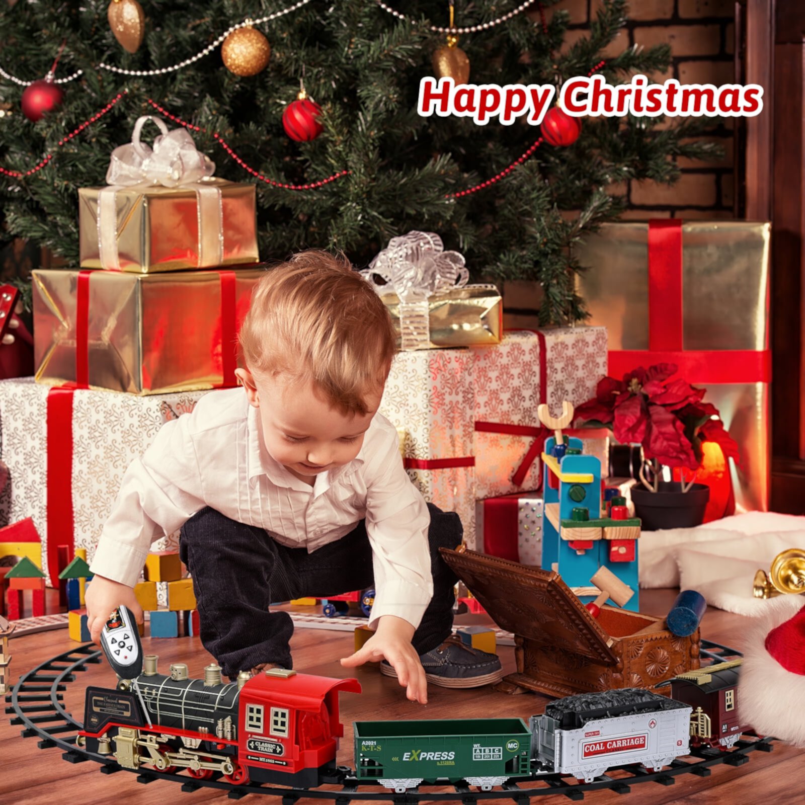 AOKESI Electric Train Set Around The Christmas Tree with Smoke, Sound & Light,  Remote Control Train Toys Kids Rechargeable Electric Train for Kids Age 3-8, Black AOKESI