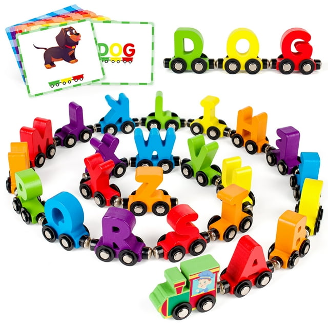 Vanmor 27 PCS Magnetic Wooden Alphabet Train Sets | ABC Letter Learning Toy Trains with 42 PCS Flash Cards, 1 Engine, 1 Storage Bag | Toddlers Kids Boys Girls Educational Toys for 3 4 5 6 7 Years Old Vanmor