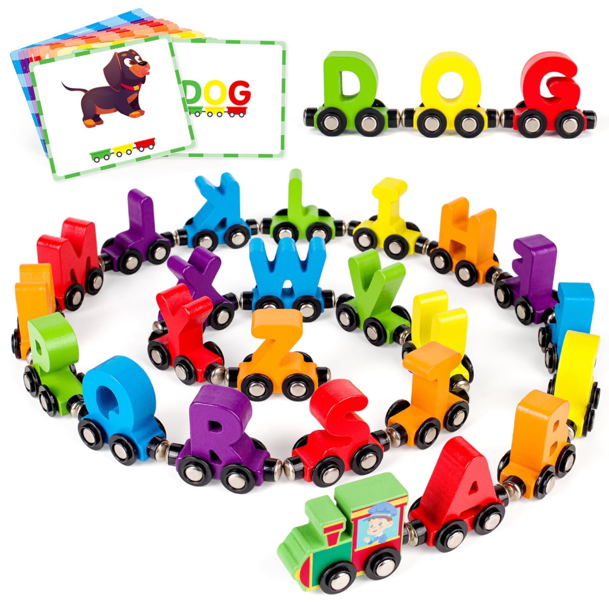 Vanmor 27 PCS Magnetic Wooden Alphabet Train Sets | ABC Letter Learning Toy Trains with 42 PCS Flash Cards, 1 Engine, 1 Storage Bag | Toddlers Kids Boys Girls Educational Toys for 3 4 5 6 7 Years Old Vanmor