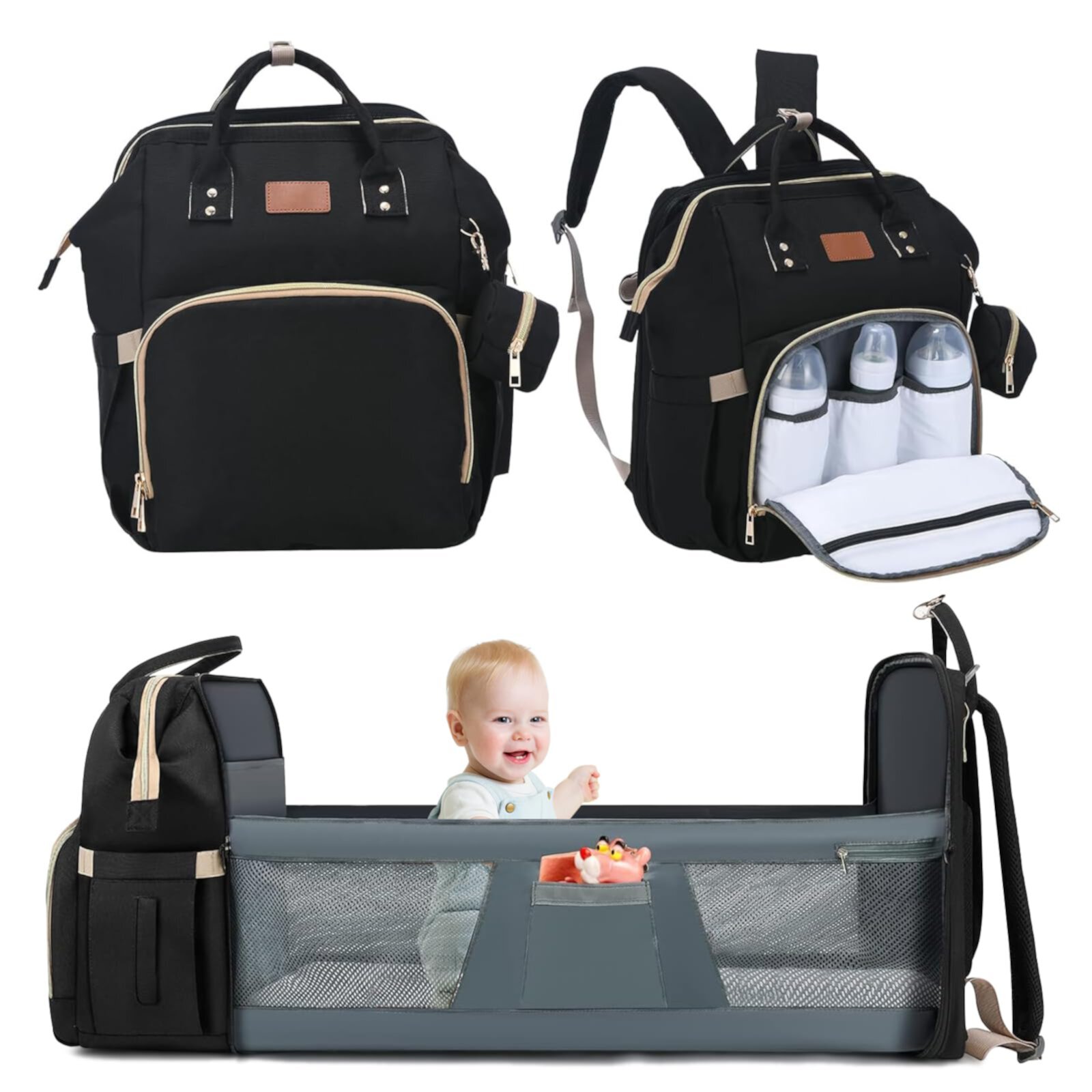 Diaper Bag With Changing Station Large Diaper Bag Backpack With Stroller Straps & 3 Feeding-bottle Thermal Pockets, Waterproof Travel Diaper Bag For Boys & Girls - Baby Diaper Bag Kisdream