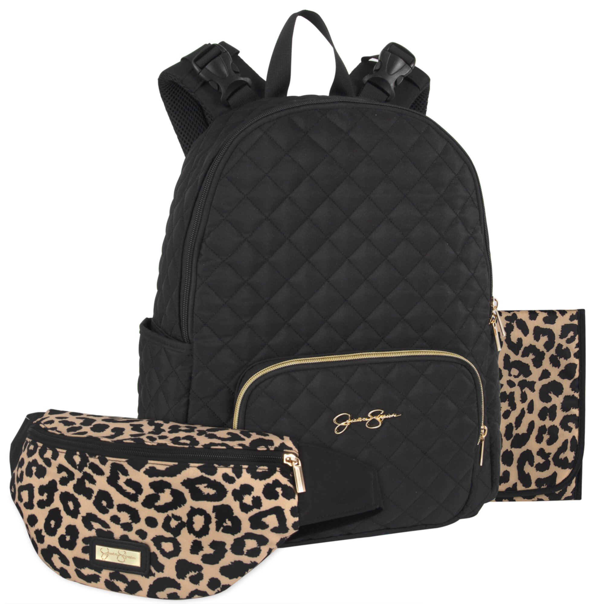 Jessica Simpson Black Diamond Quilted Multi-Pocket Dual Zipper Closure Fashion Diaper Bag Backpack with Leopard Print Interior, Matching 3-Ply Folding Baby Changing Pad &  Belted Sling Bag for Mom Jessica Simpson