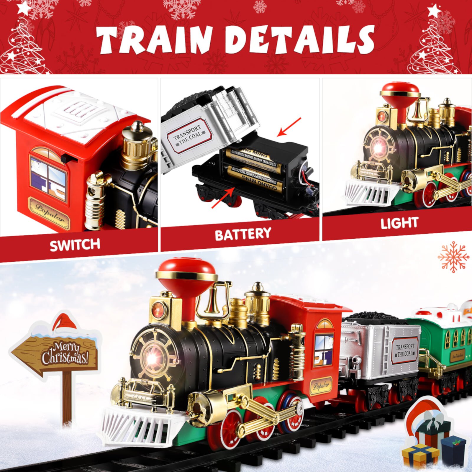 Christmas Train Set for Around/Under the Tree with Smoke, Sounds, Lights, Tracks, Electric Train Sets for Boys 3-12, Toy Train Set Gifts for Boys Girls Kids PIXNOR