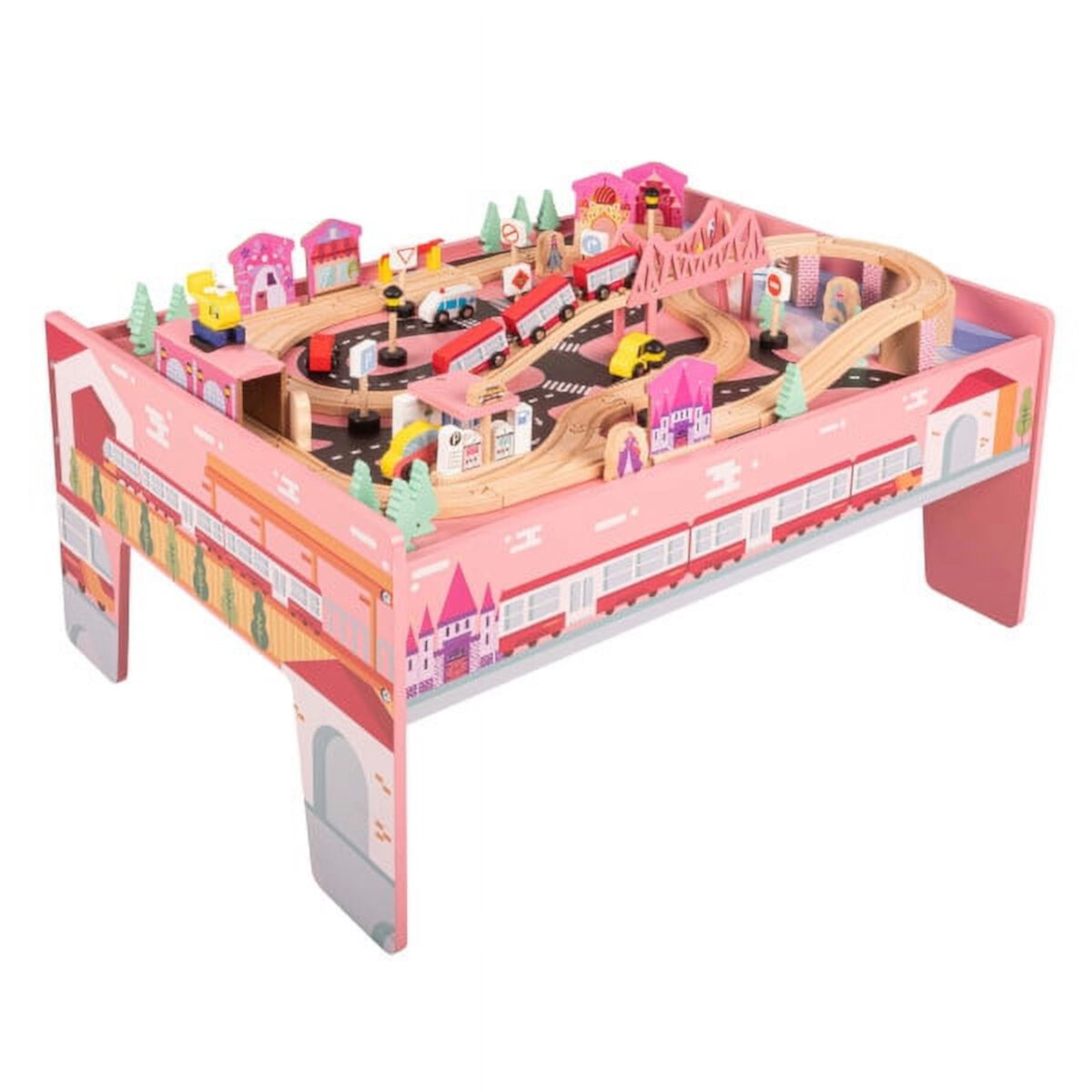 Hey! Play! Wooden Train Set & Table for Kids - Complete Set with 75 Pieces, Pink Hey! Play!