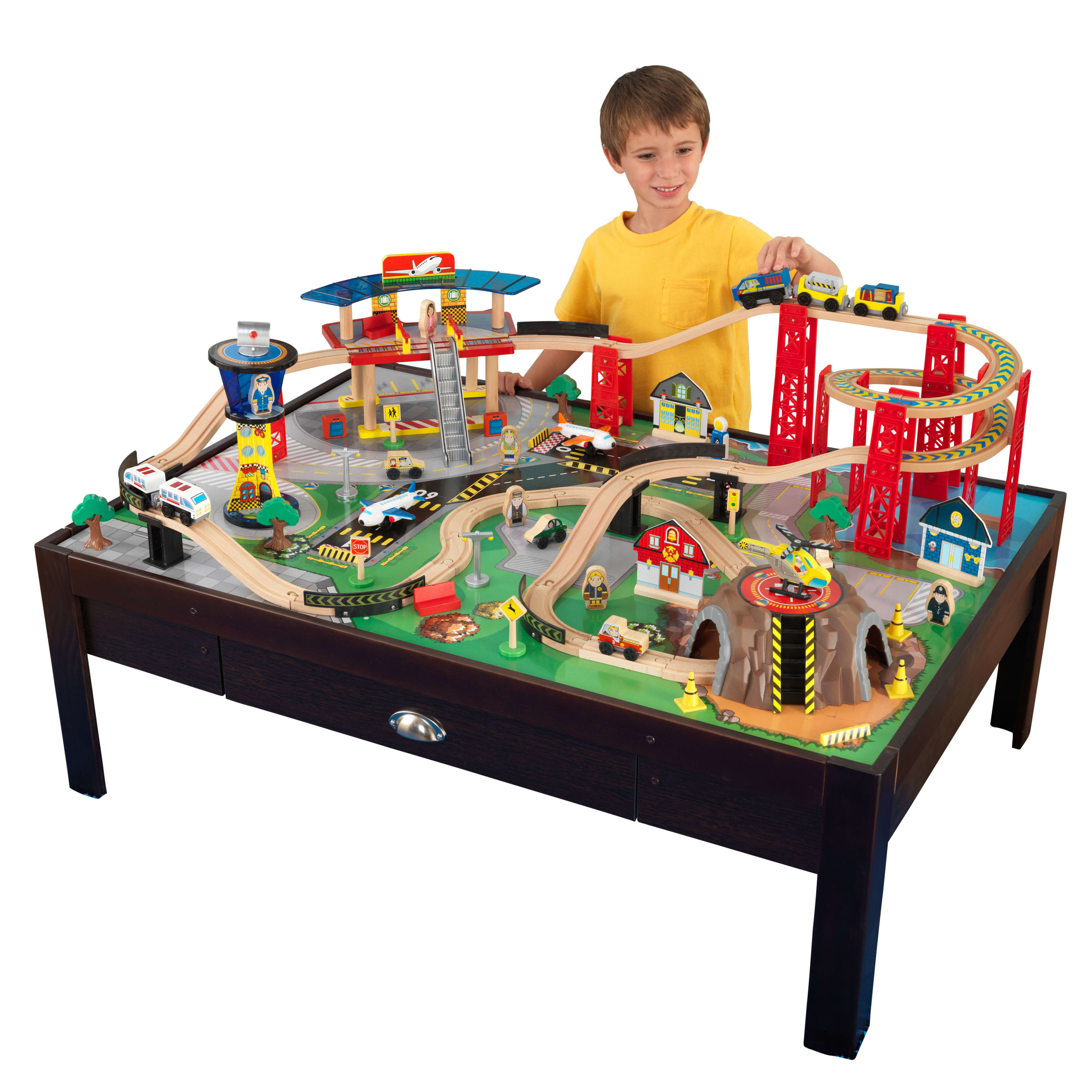 KidKraft Airport Express Espresso Wooden Train Set & Table with 91 Pieces, Storage Drawer KidKraft