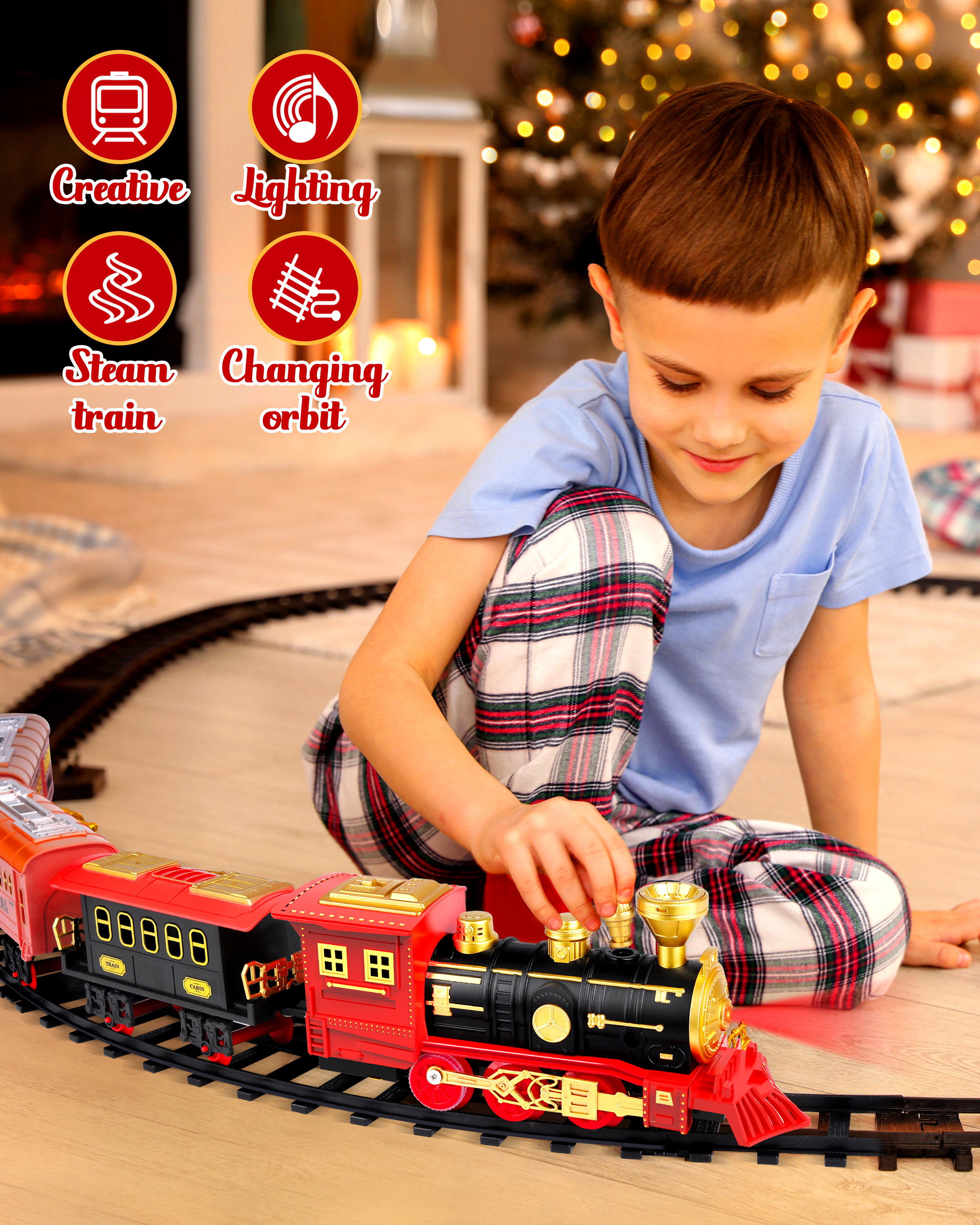 Electric Christmas Train Toy Set- Train Toys for Boys with Smokes, Lights and Sound, Toy Train with Steam Locomotive, Train Carriages and Tracks, Toddler Model Trains for 3 4 5 6 7 8+ Years Old Vanmor