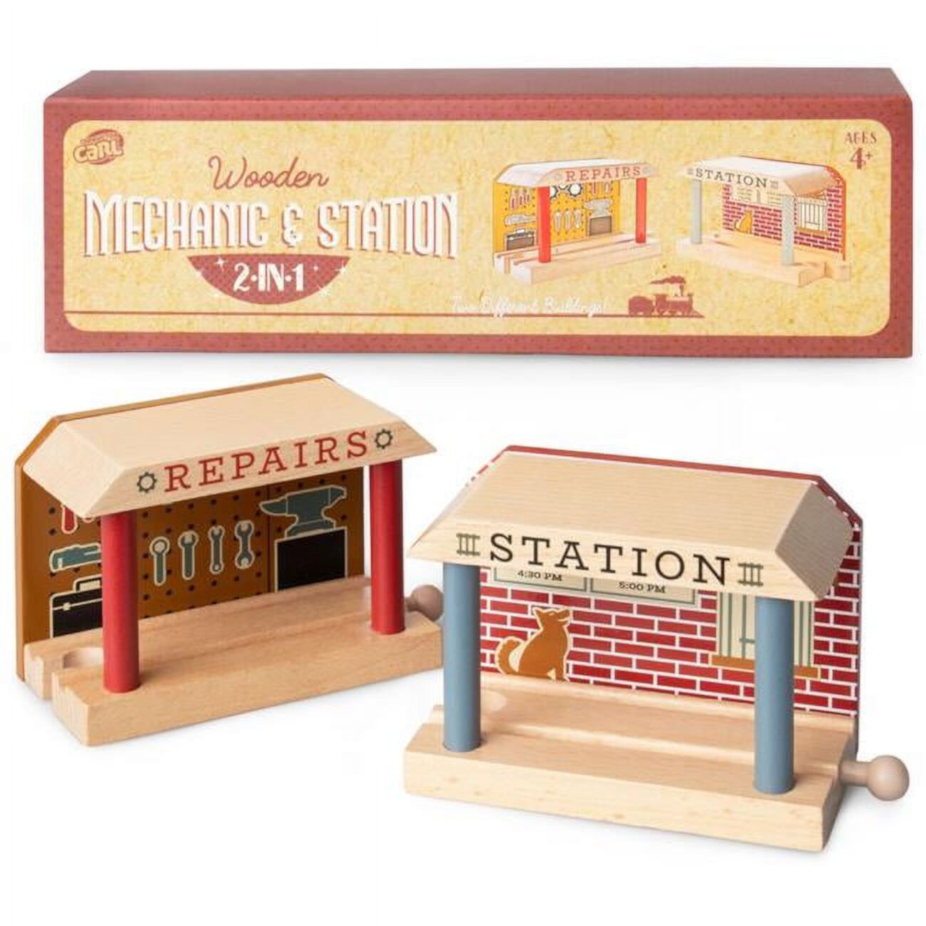 Conductor Carl Wooden Train Track Mechanic & Station Service Building 2-in-1 Mechanic Service & Train Station for Customizing Wooden Train Track Sets Brybelly