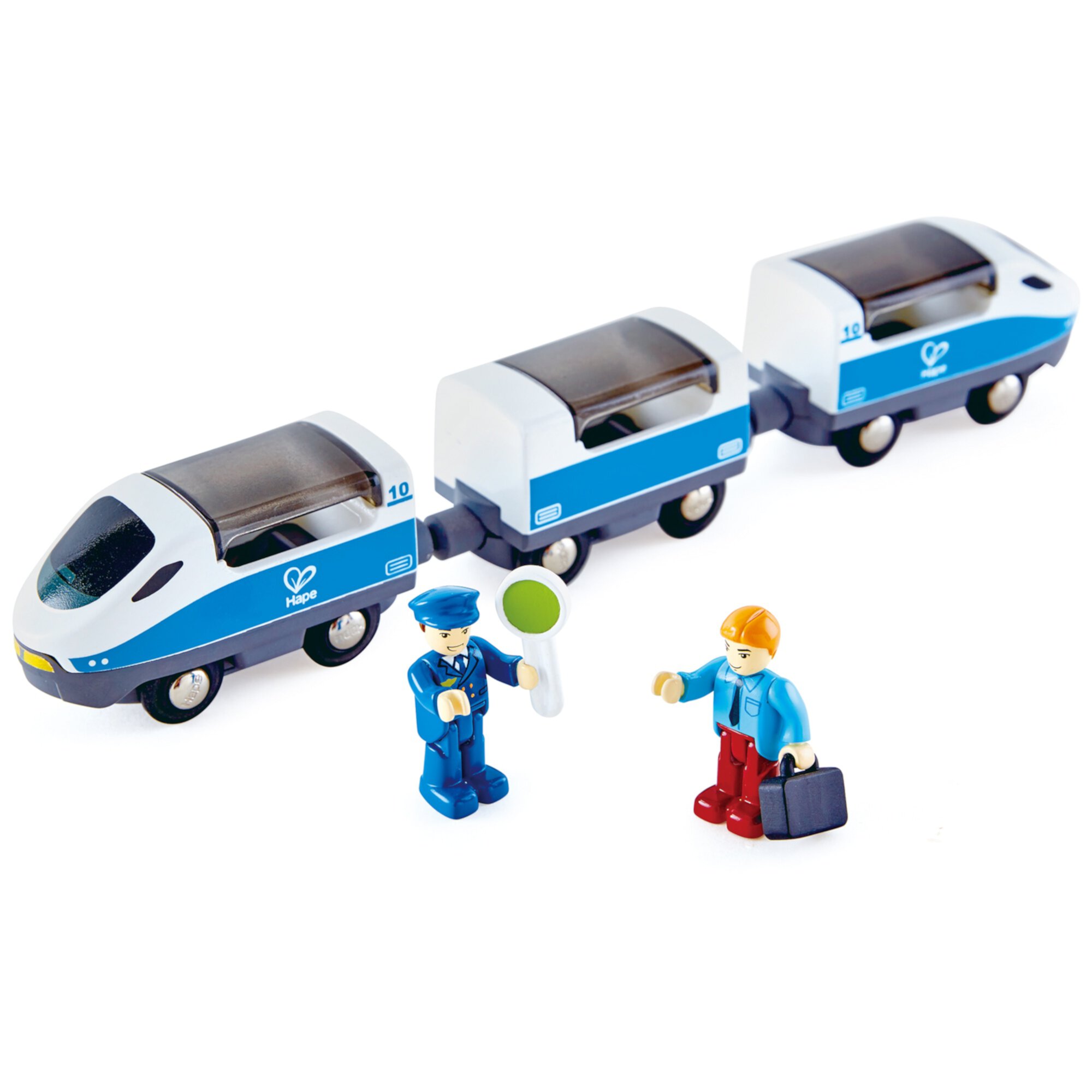 Hape: Intercity Train - Blue & White - Wooden Train Toy Set, 3pc Magnetic Linking Train, 2 Poseable Figures & Accessories, Kids Ages 3+ Hape