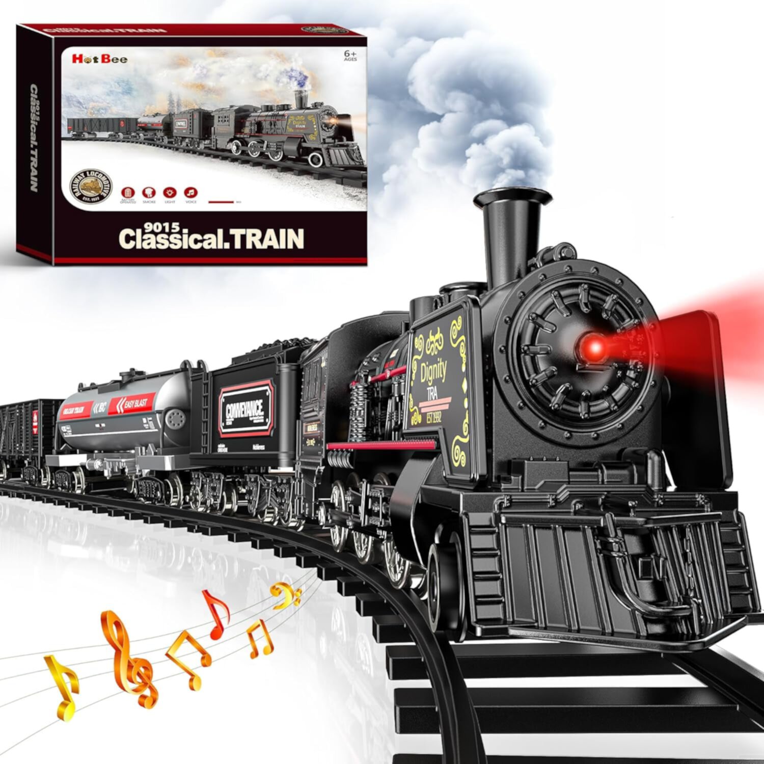 Hot Bee Model Train Set for Boys - Metal Alloy Electric Trains w/ Steam Locomotive,Passenger Carriages & Tracks,Train Toys w/ Smoke,Sounds & Lights,Christmas Toys for 3 4 5 6 7+ Years Old Kids Hot Bee