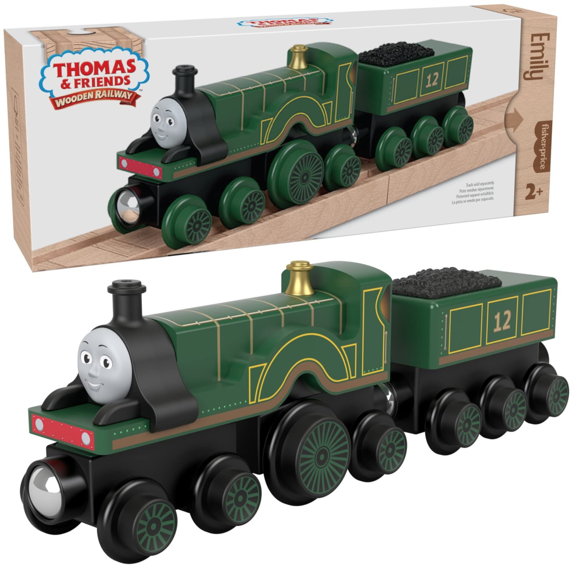 Thomas & Friends Fisher-Price Wooden Railway Emily Engine and Coal Car, Push-Along Train Made from sustainably sourced Wood for Kids 2 Years and up Fisher-Price