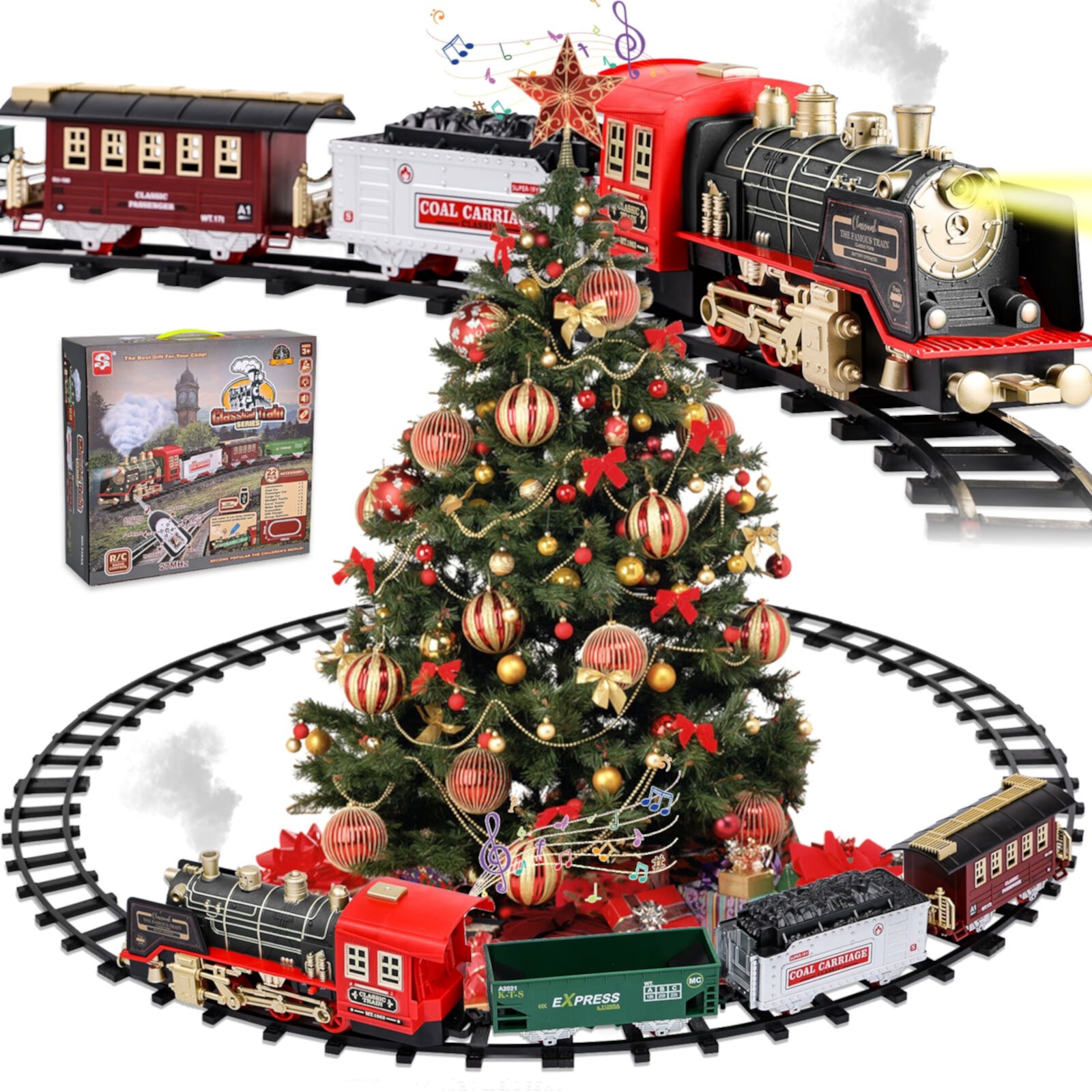 Ant Class Train Set RC Train Toy USB Rechargeable Electric Train Track Around Christmas Tree, Train Toy with Smoke, Music & Lights, Gift Toys for 5 6 7 8+ Years Old Boys Girls,Black Ant Class