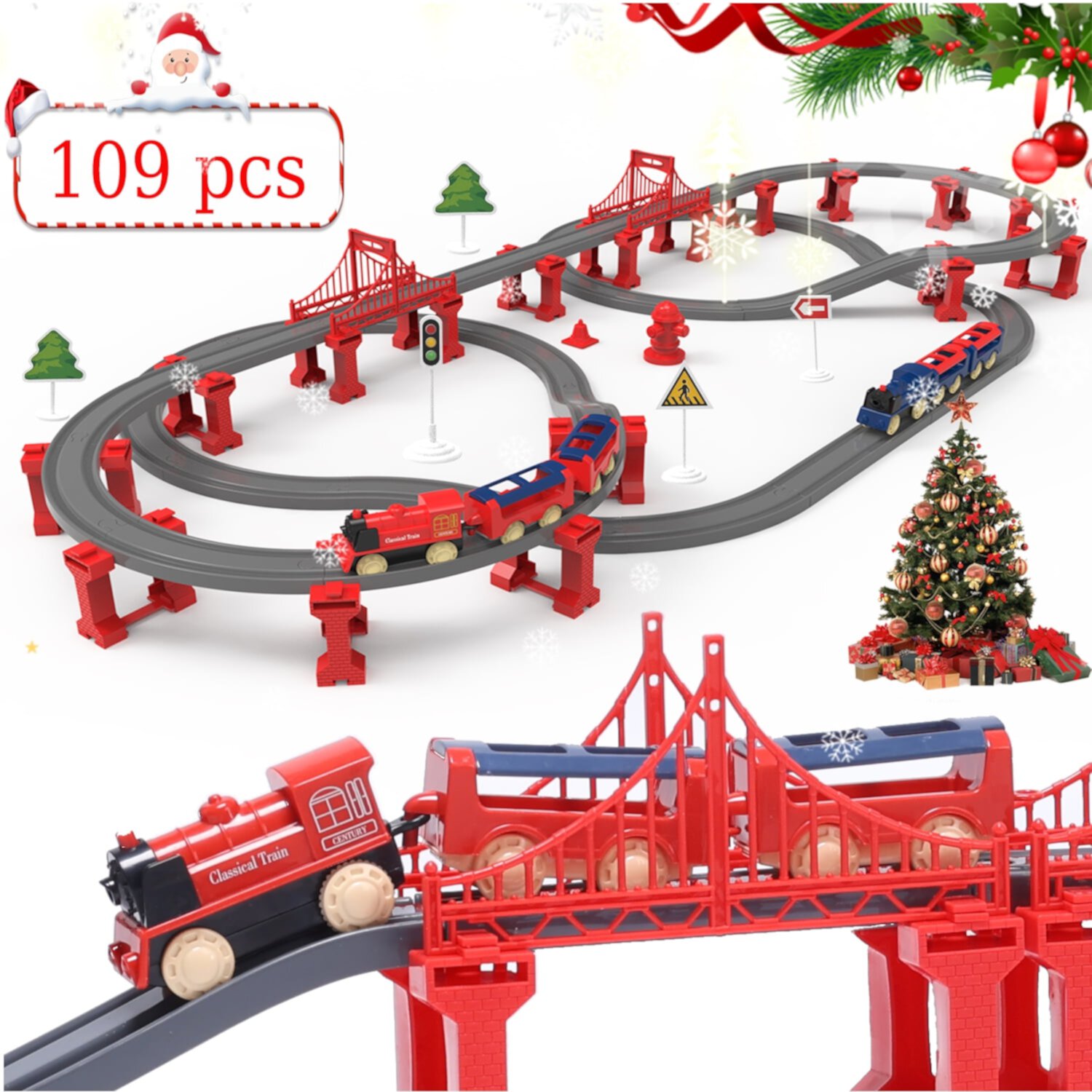 WonderStone 109 PCS Train Sets for Toddlers 2-6, Battery-Powered Train Toys with 2 Trains & Car Track, Gifts for Boys 4-6, Red Wonderstone