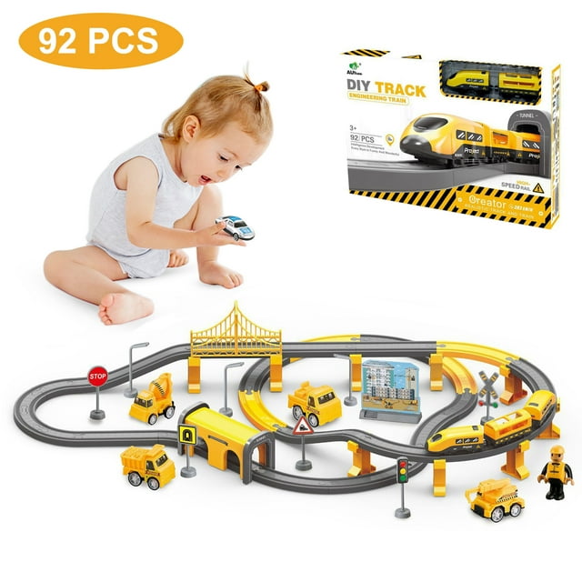 Kids Train Track Toy Set, 92pcs Electric Train Toys with Cars, Toddlers Toy Train Set for Boys and Girls 3 4 5 6 7 Year Old - City Themed Petbank