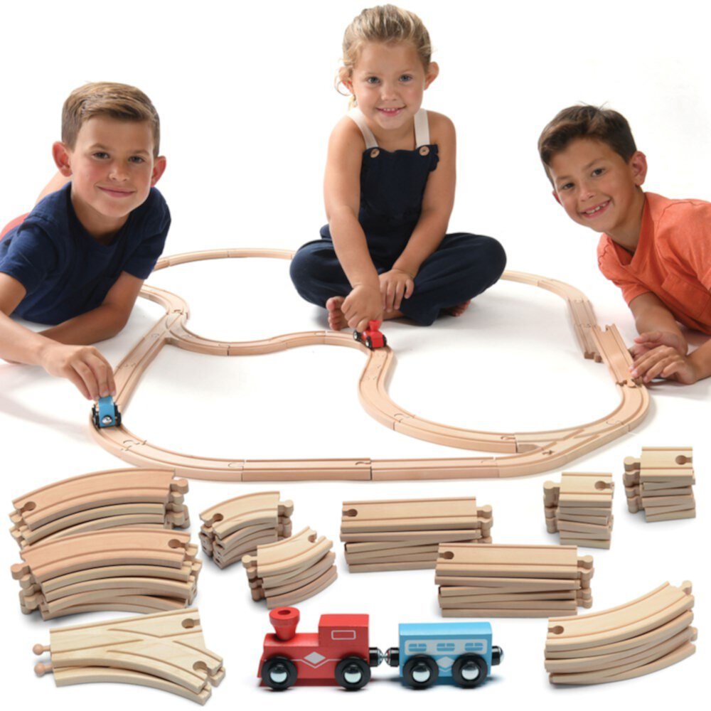 Wooden Train Tracks - 52 PCS Wooden Train Set Plus 2 Bonus Toy Trains - Train Toy Is Compatible with Thomas Wooden Railway Systems and All Major Brands Play22USA Play22