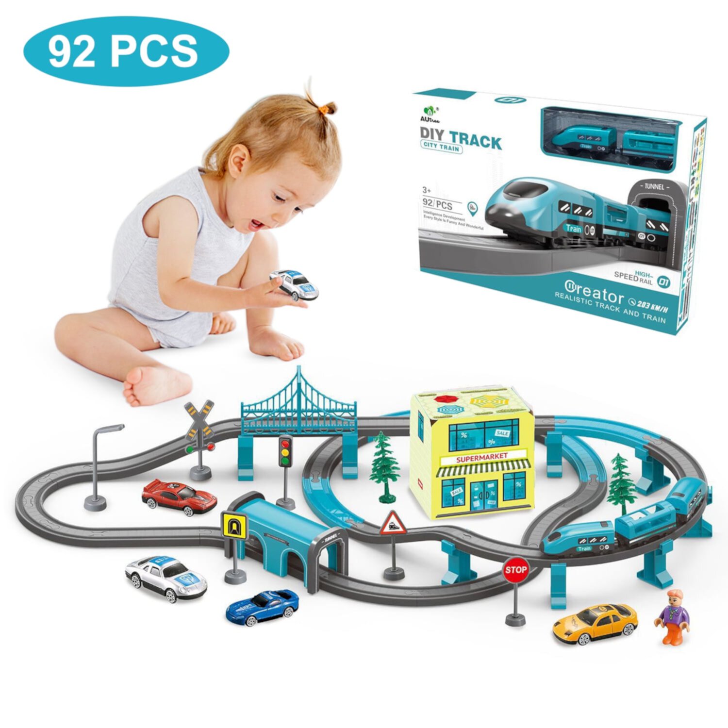 Kids Train Track Toy Set, 92pcs Electric Train Toys with Cars, Toddlers Toy Train Set for Boys and Girls 3 4 5 6 7 Year Old - City Themed Petbank