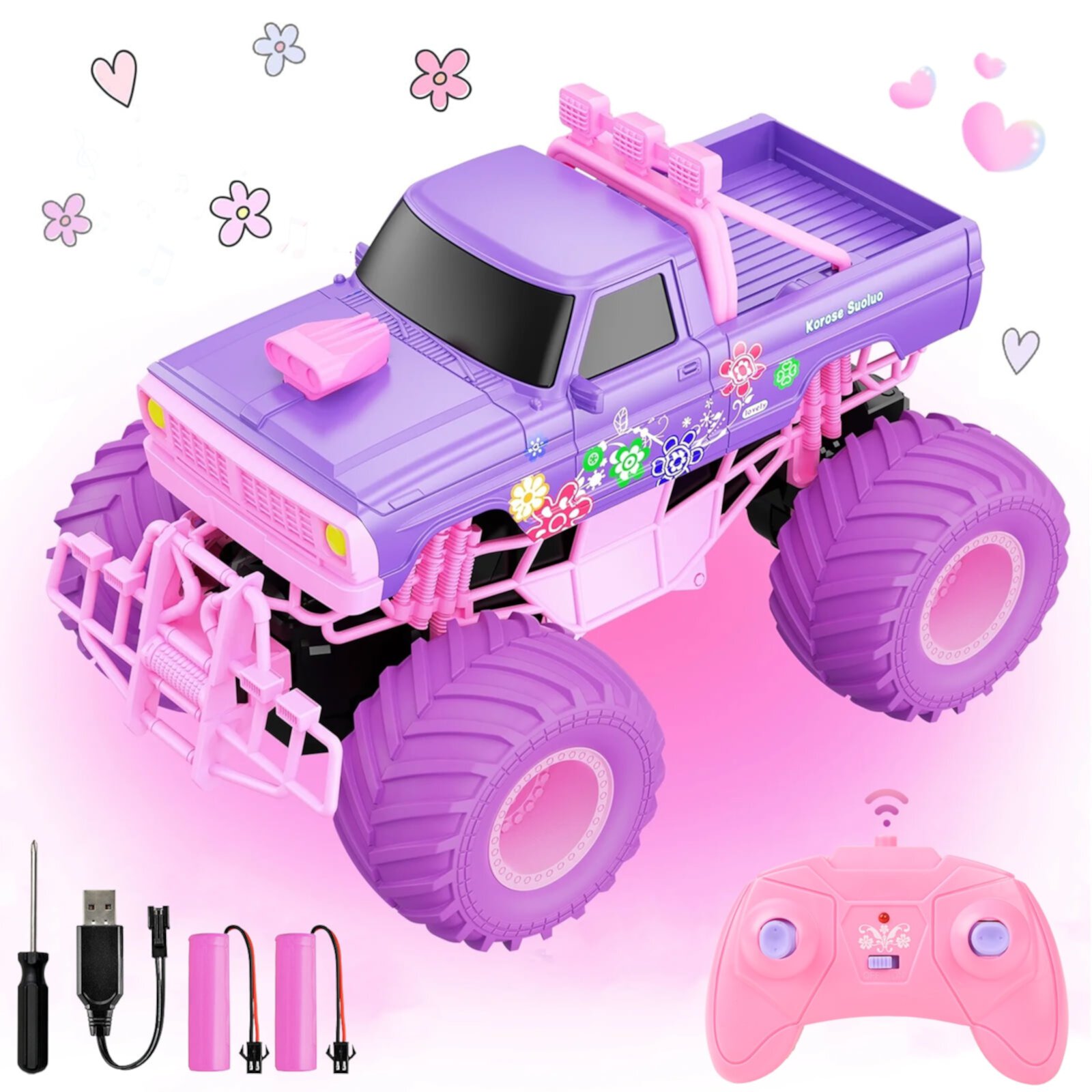 Flooyes Remote Control Car for Girls, Pink RC Cars, 2.4GHz All Terrain Off-Road Moster Trucks, 2 Rechargeable Batteries, Birthday Toy Gift for Kids Age 6 7 8 9 10+ Flooyes