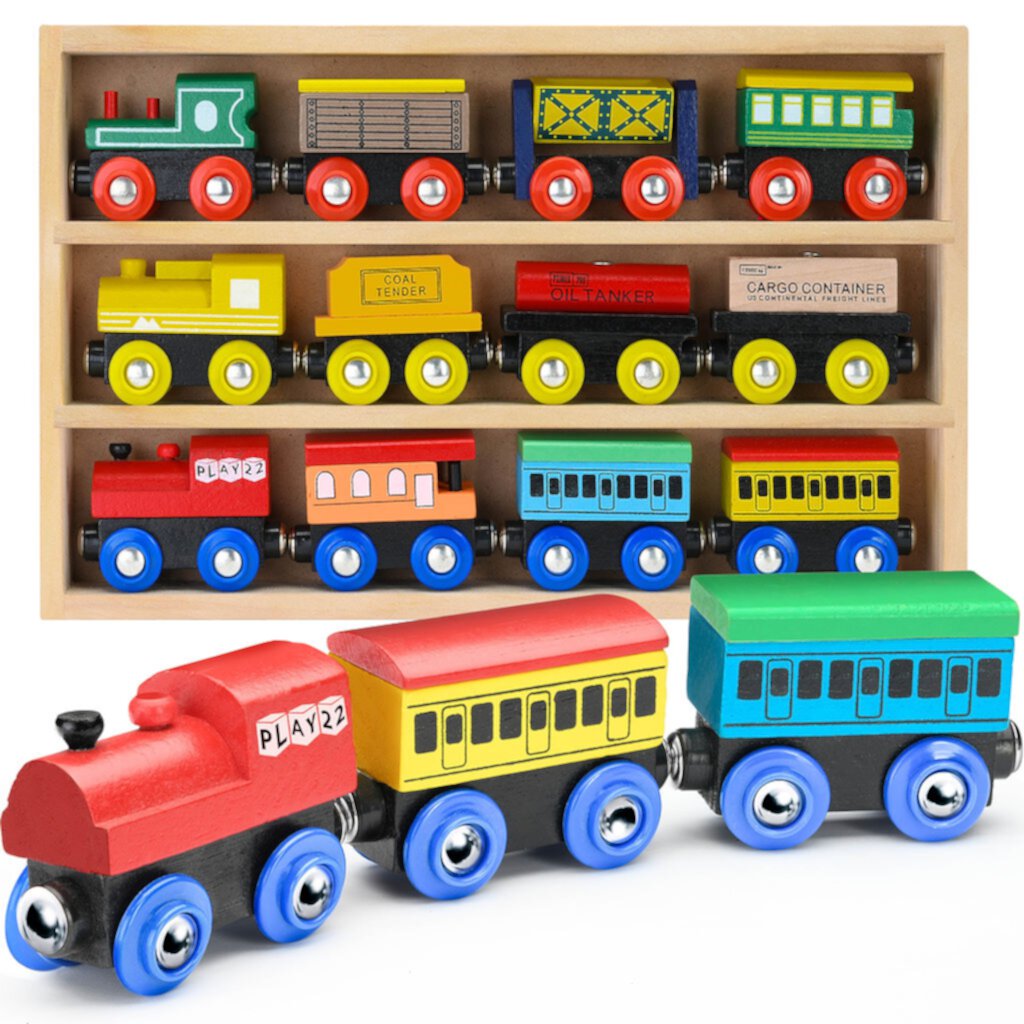 Wooden Train Set 12 PCS - Train Toys Magnetic Set Includes 3 Engines - Toy Train Sets For Kids Toddler Boys And Girls - Compatible With Thomas Train Set Tracks And Major Brands - Play22USA Play22